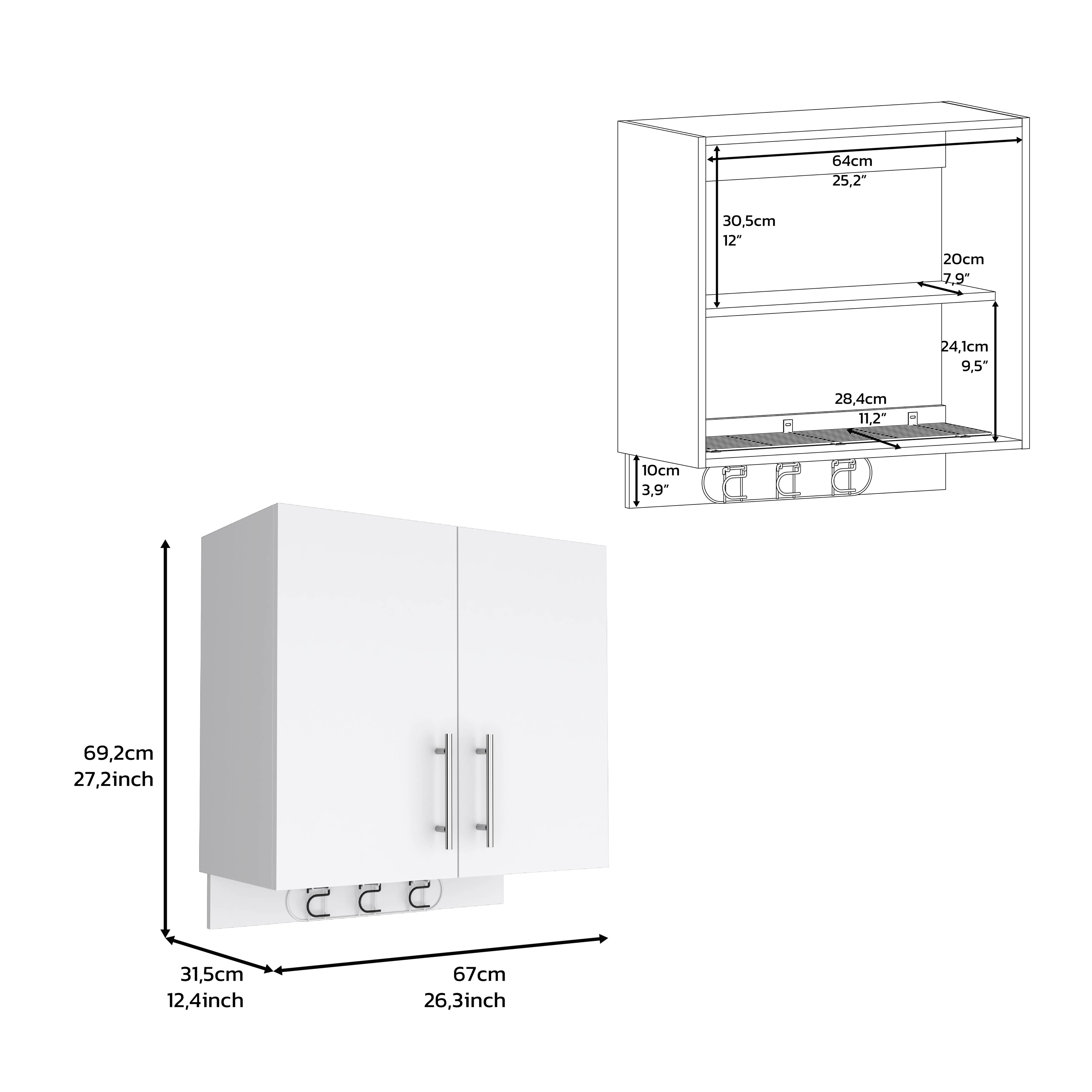 Wall cabinet 27" H, three broom hangers and metal handles, two internal shelves, two doors, white