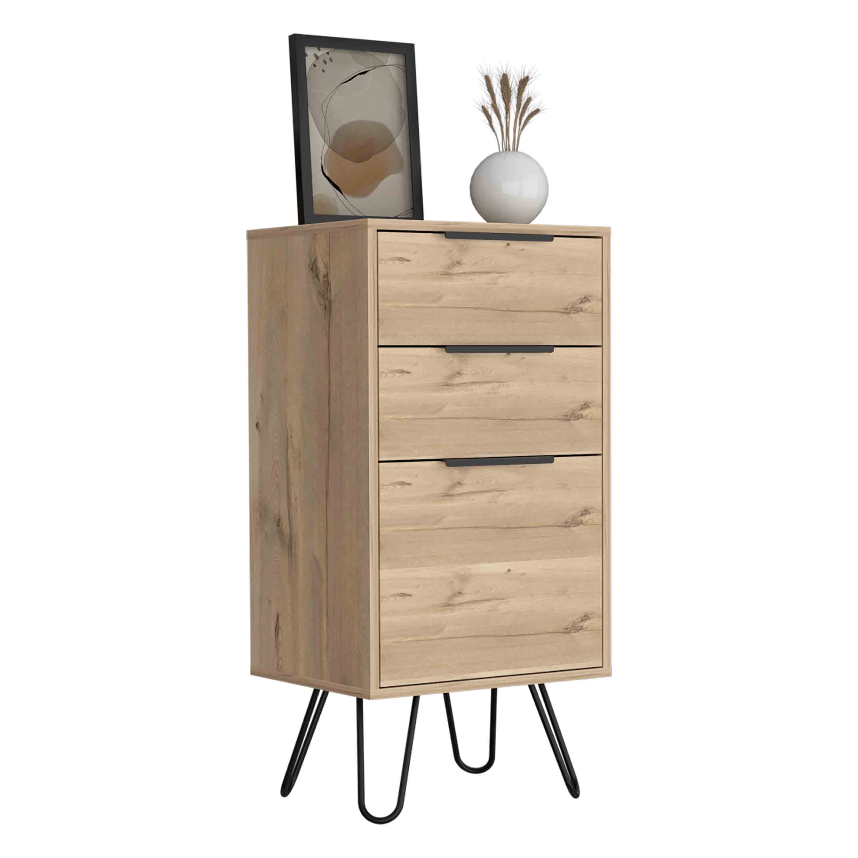 Light Dresser 35"H, 17"W, Superior Top,Three Drawers, Hairpin Legs, Light Oak