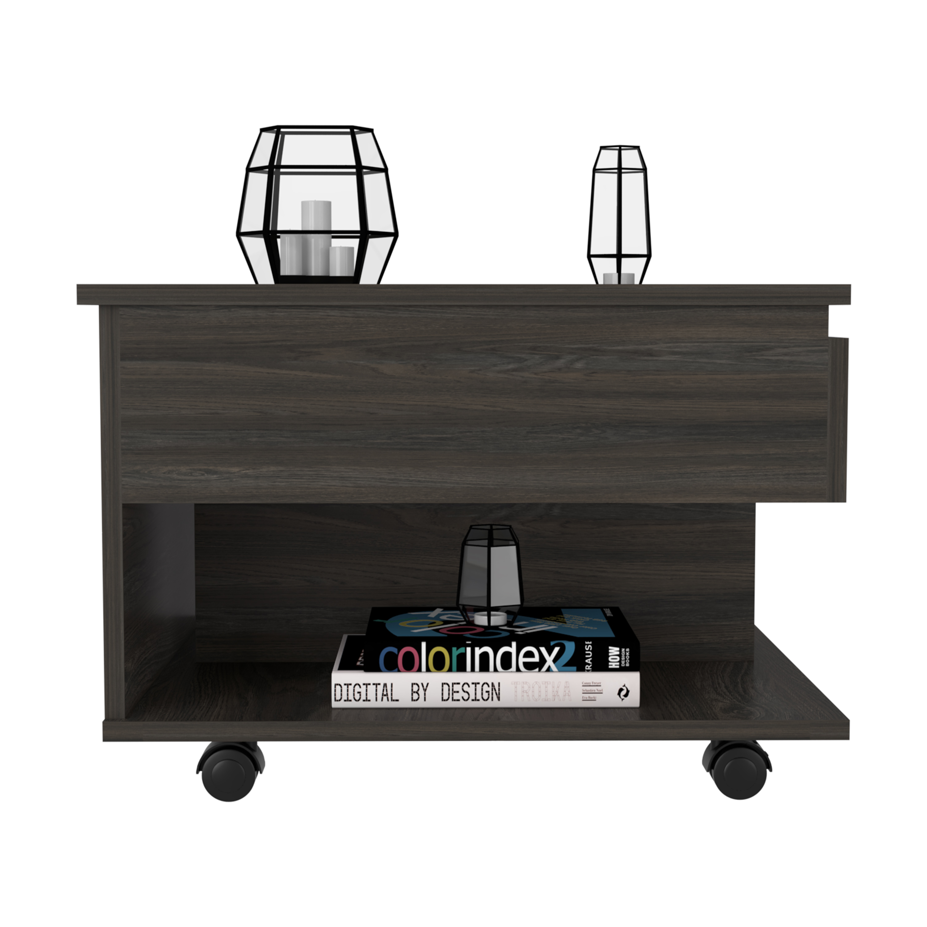 15" H carbon espresso coffee table, 4 brake wheels, lifting top that allows storage inside the table, 1 lower shelf and 1 vertical division that allows you to decorate with photos, and design books.