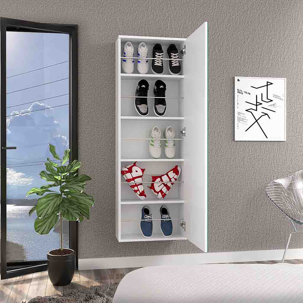 Wall Shoe Rack 54" H, One Mirror, One Door, Five Internal Storage Shelves, Approximate Capacity for Ten Shoes, Black