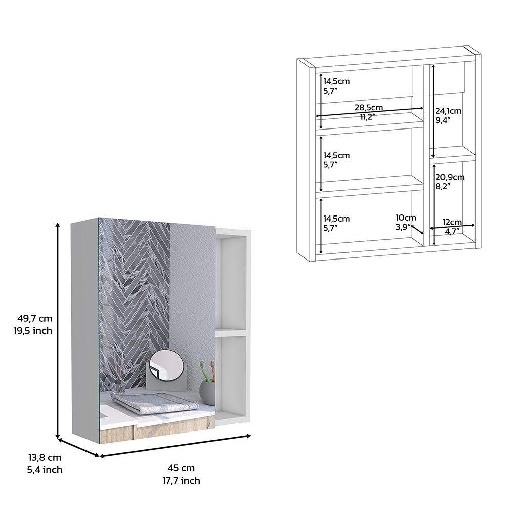 Medicine 19H" Single Door Cabinet With Mirror, Five Interior Shelves, White