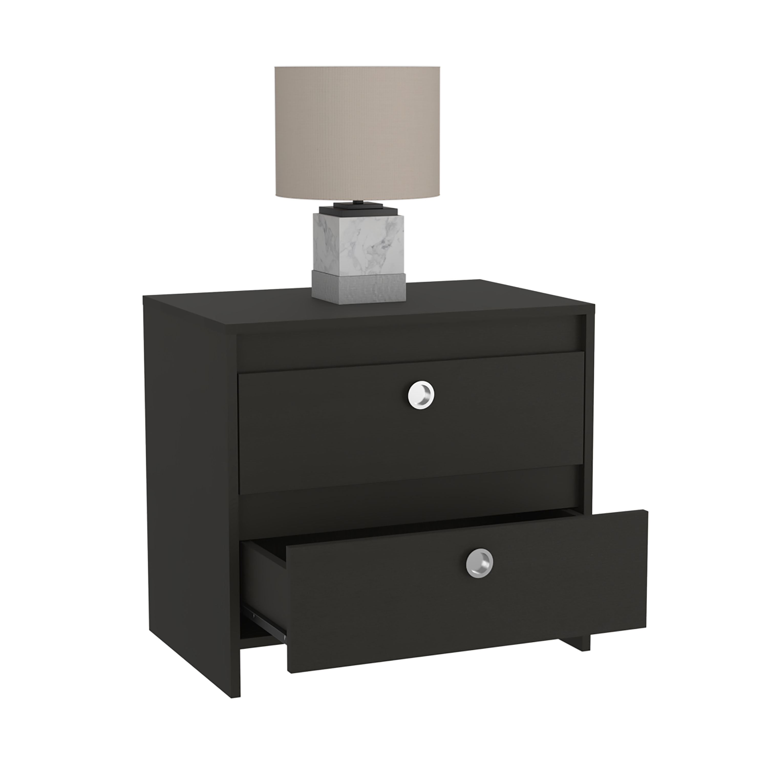 Nightstand 22" H, Two Drawers, Superior Top, Metal Handle, black