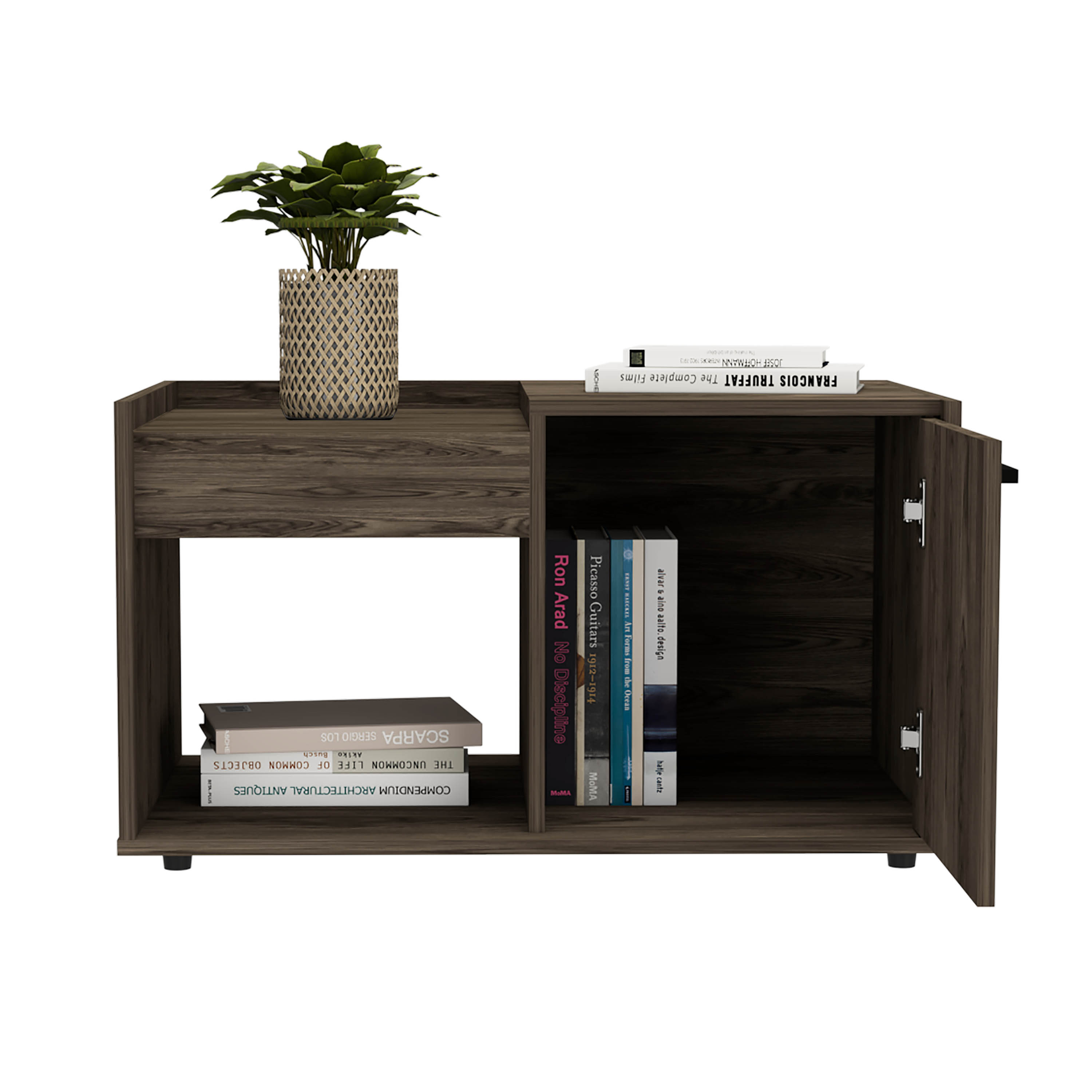 Ambar Coffee Table, One Open Shelf, Single Door Cabinet, Dark Walnut