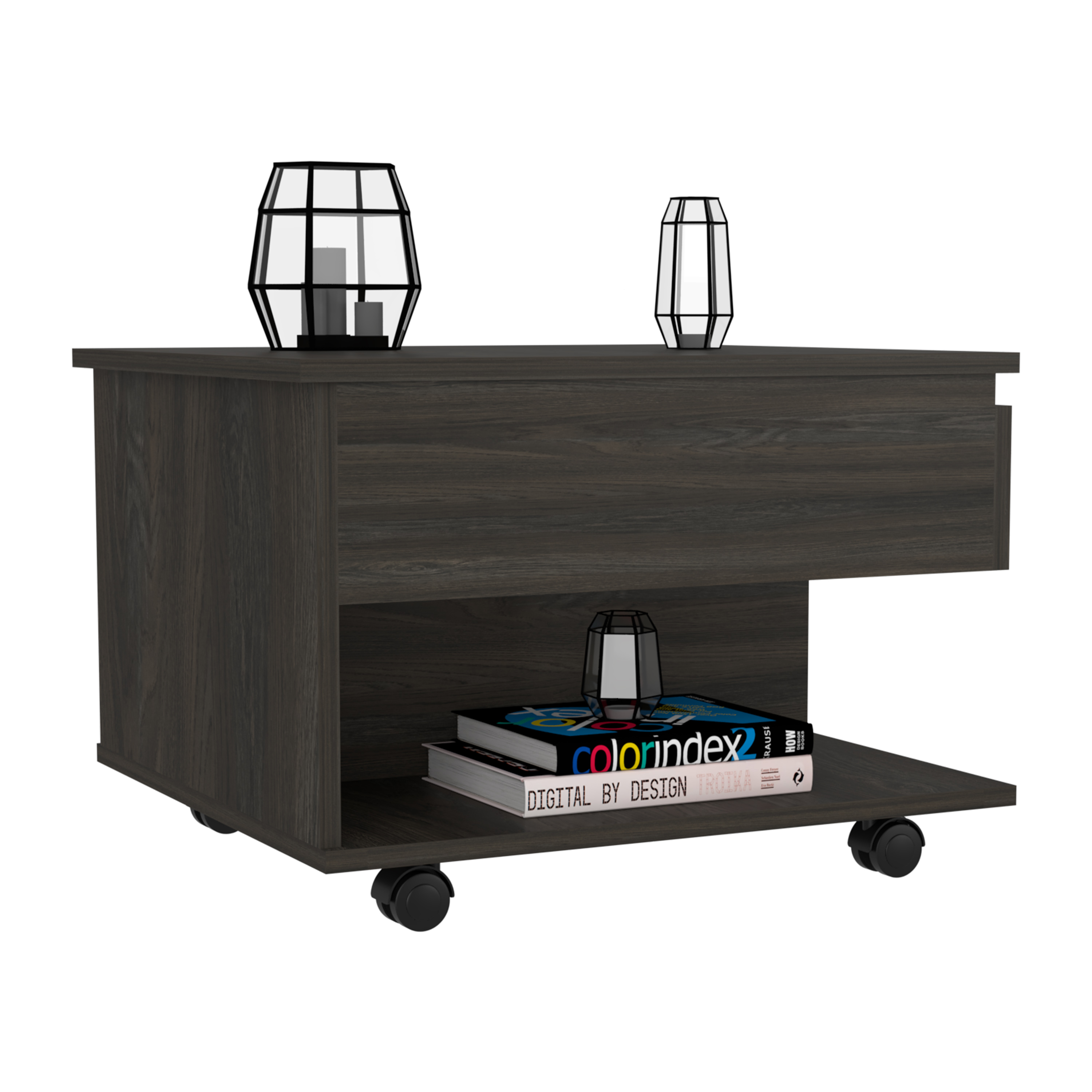 15" H carbon espresso coffee table, 4 brake wheels, lifting top that allows storage inside the table, 1 lower shelf and 1 vertical division that allows you to decorate with photos, and design books.