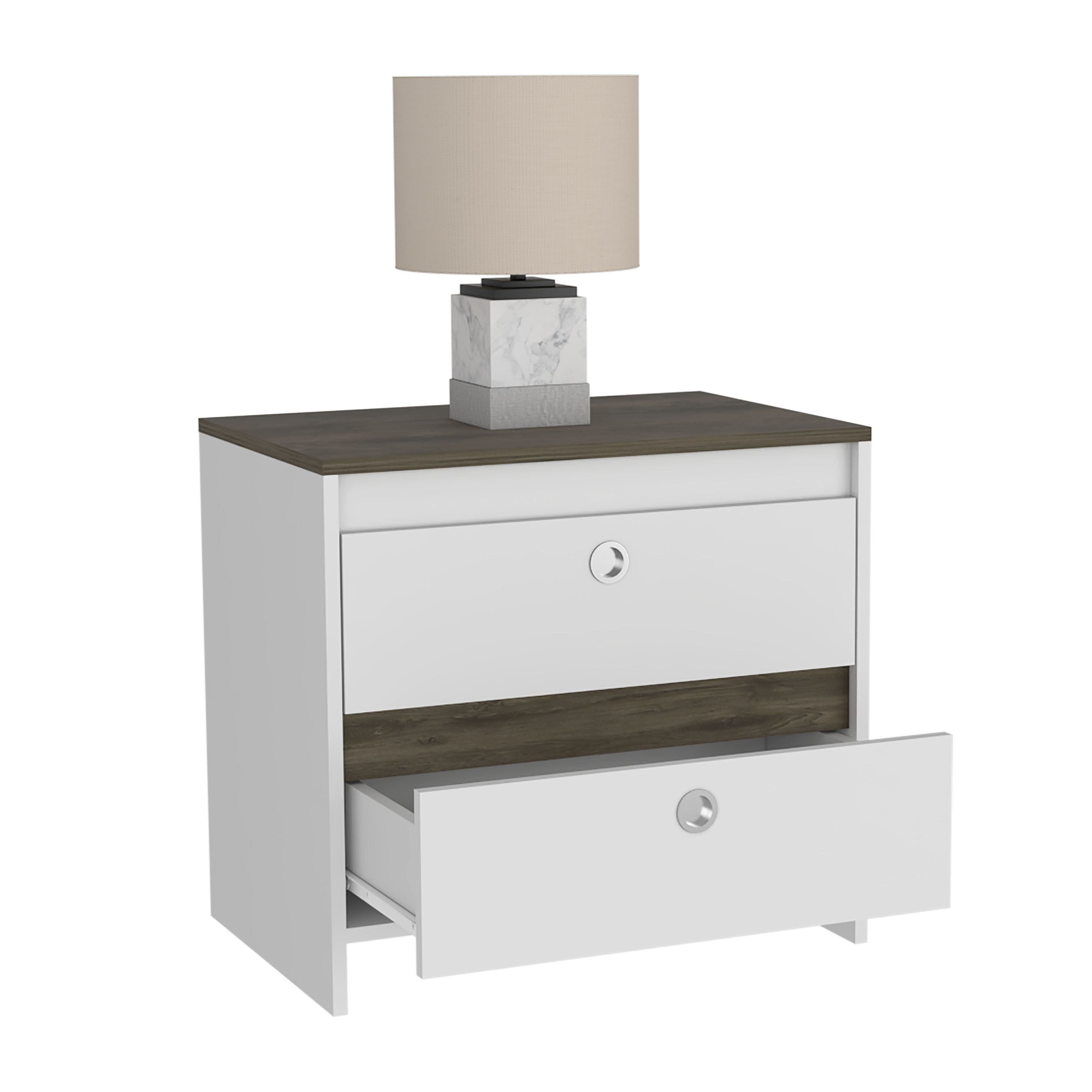 Nightstand 22" H, Two Drawers, Superior Top, Metal Handle, White / Dark Brown