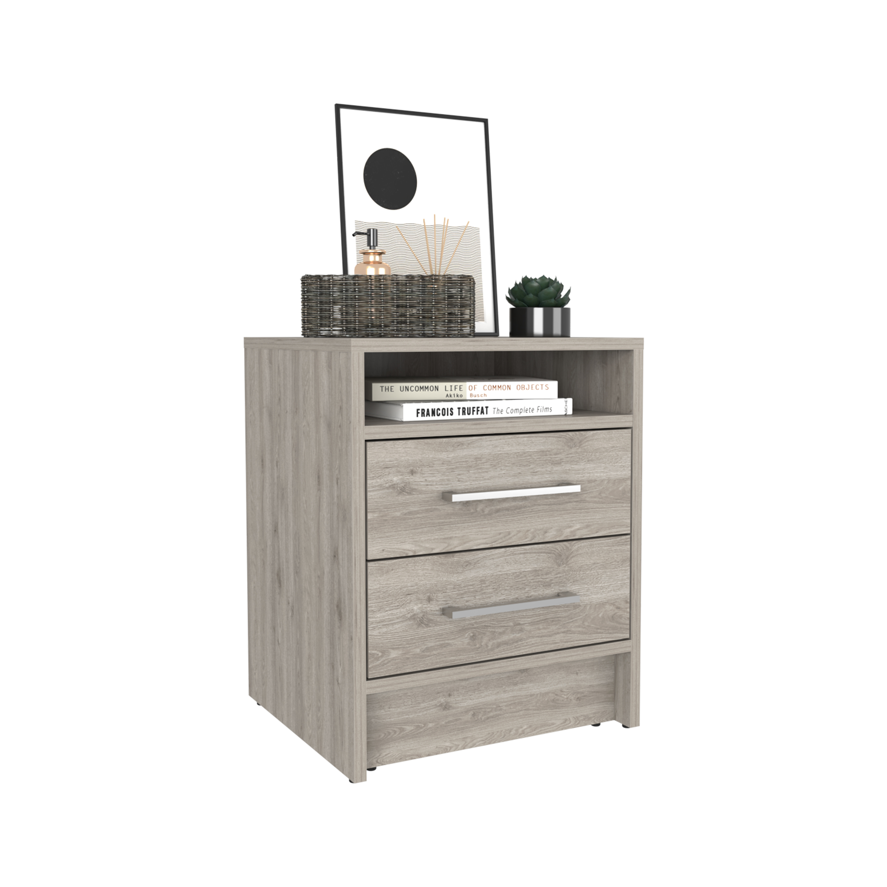 Nightstand 20"H, Two Drawers, Superior Top, Metal Handles, Light Gray