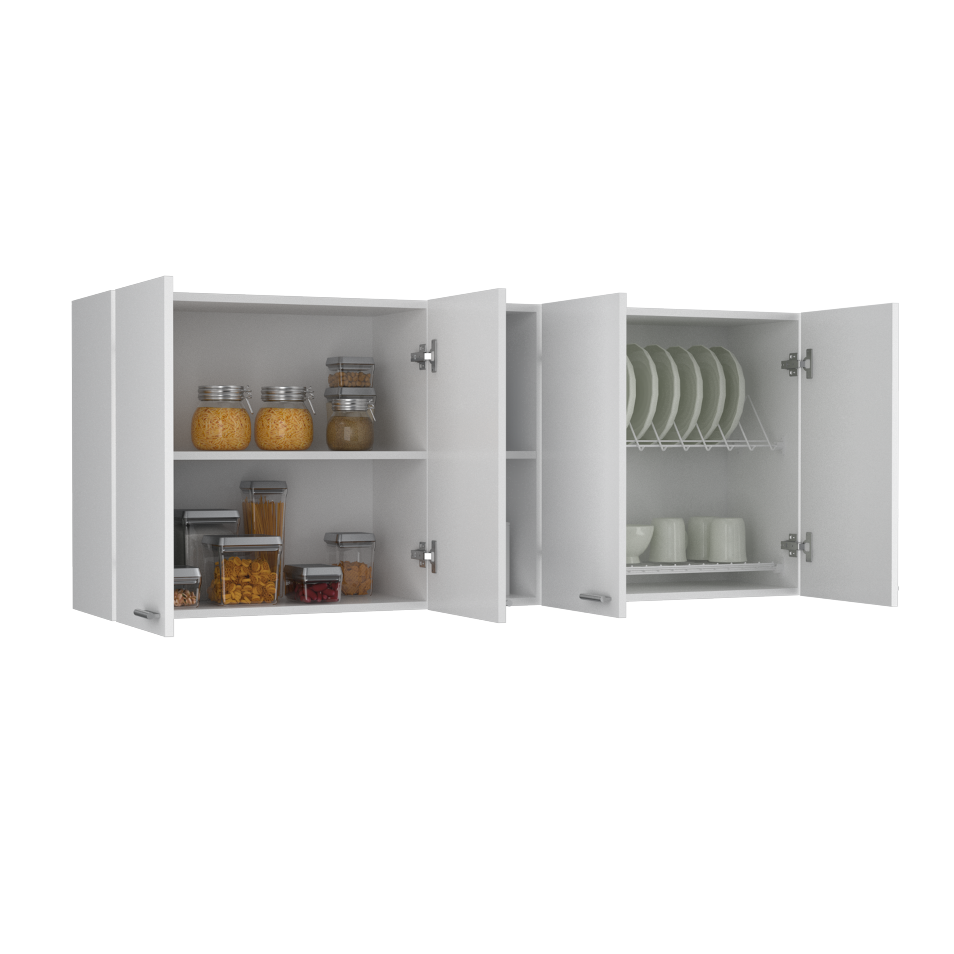 Wall Cabinet 24" H, Four Doors, Two Open Storage Shelves, Two Internal Shelves, Internal Dish and Glass Organizer, White