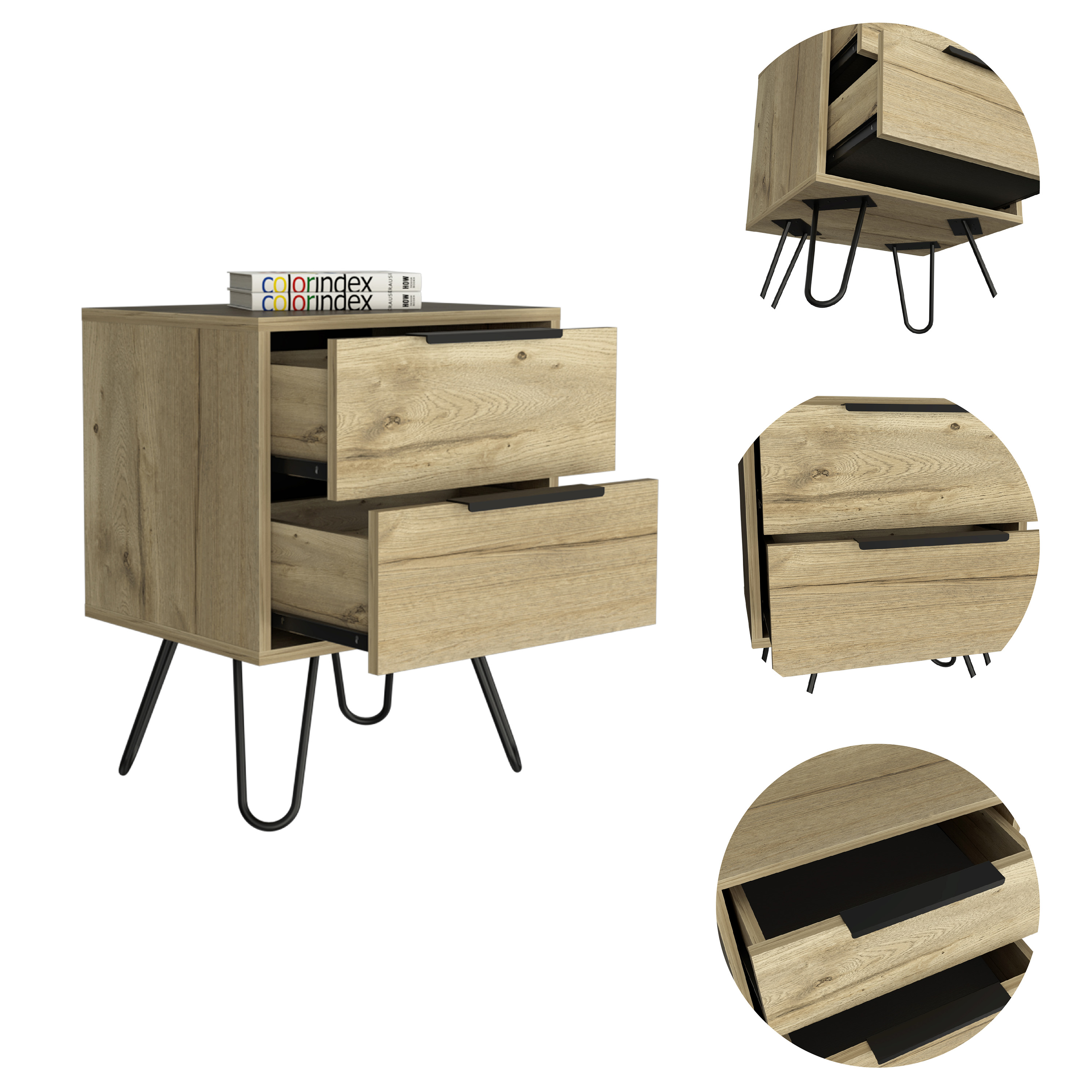 Nightstand 22" H, Four hairpin legs, Two Drawers, Light Oak