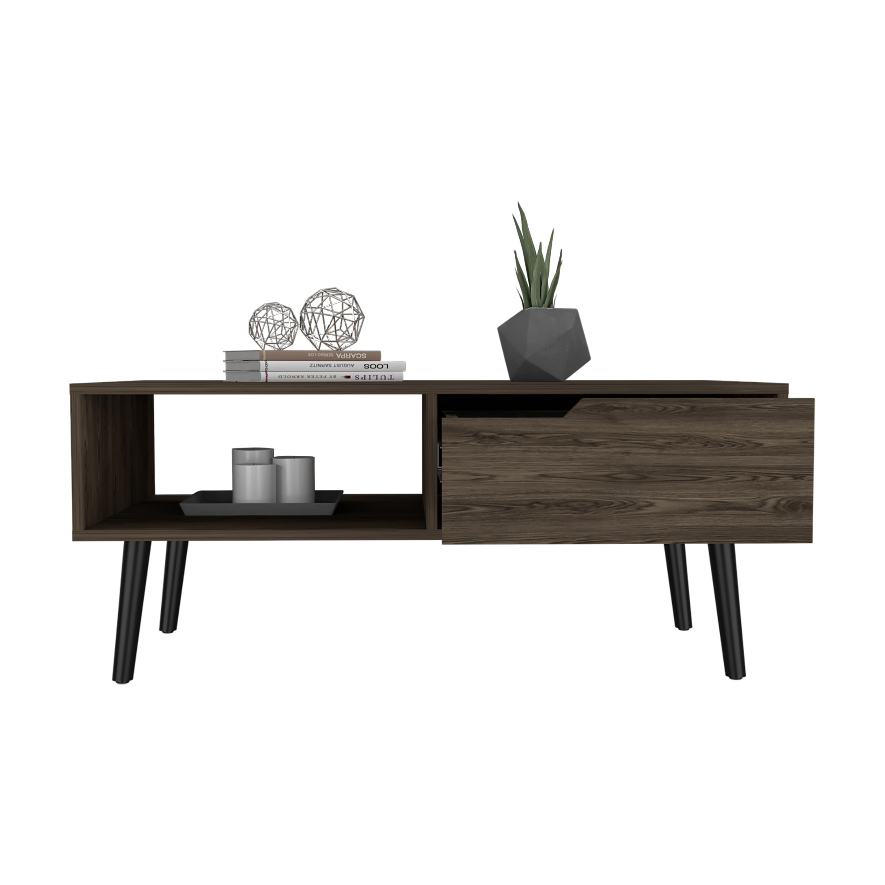 Kobe Coffee Table, One Open Shelf, One Drawer, Dark Walnut