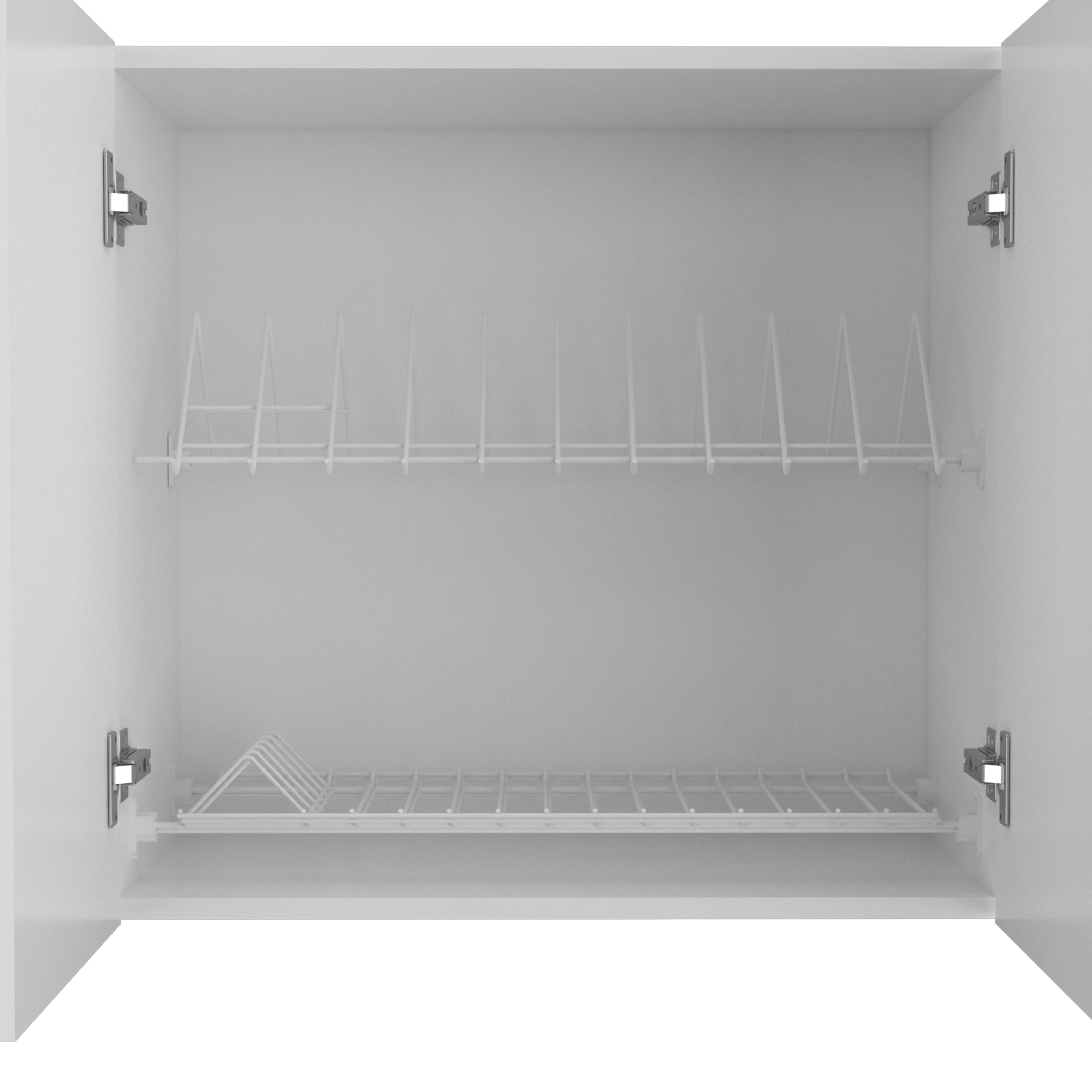 Wall Cabinet 24" H, Four Doors, Two Open Storage Shelves, Two Internal Shelves, Internal Dish and Glass Organizer, White