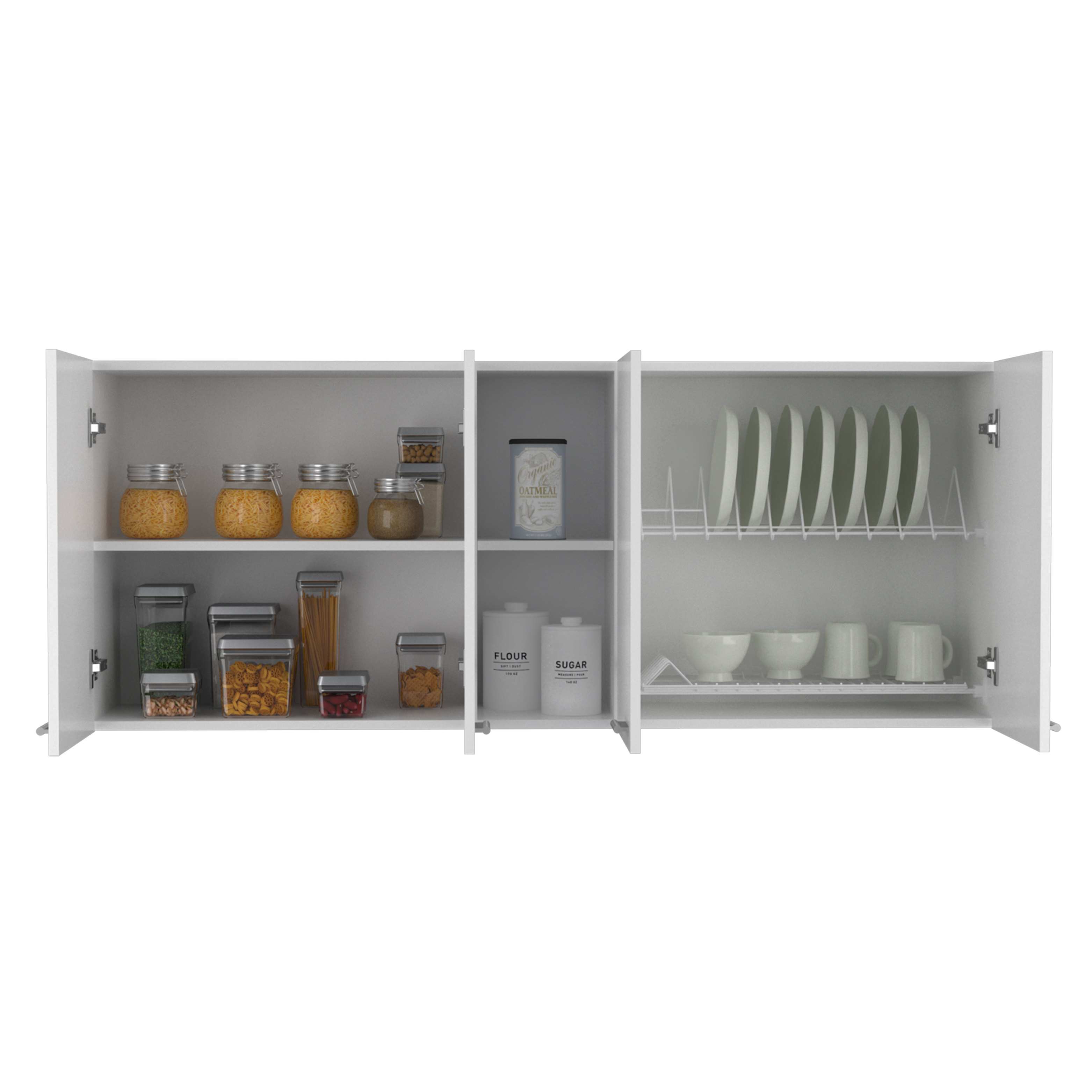 Wall Cabinet 24" H, Four Doors, Two Open Storage Shelves, Two Internal Shelves, Internal Dish and Glass Organizer, White