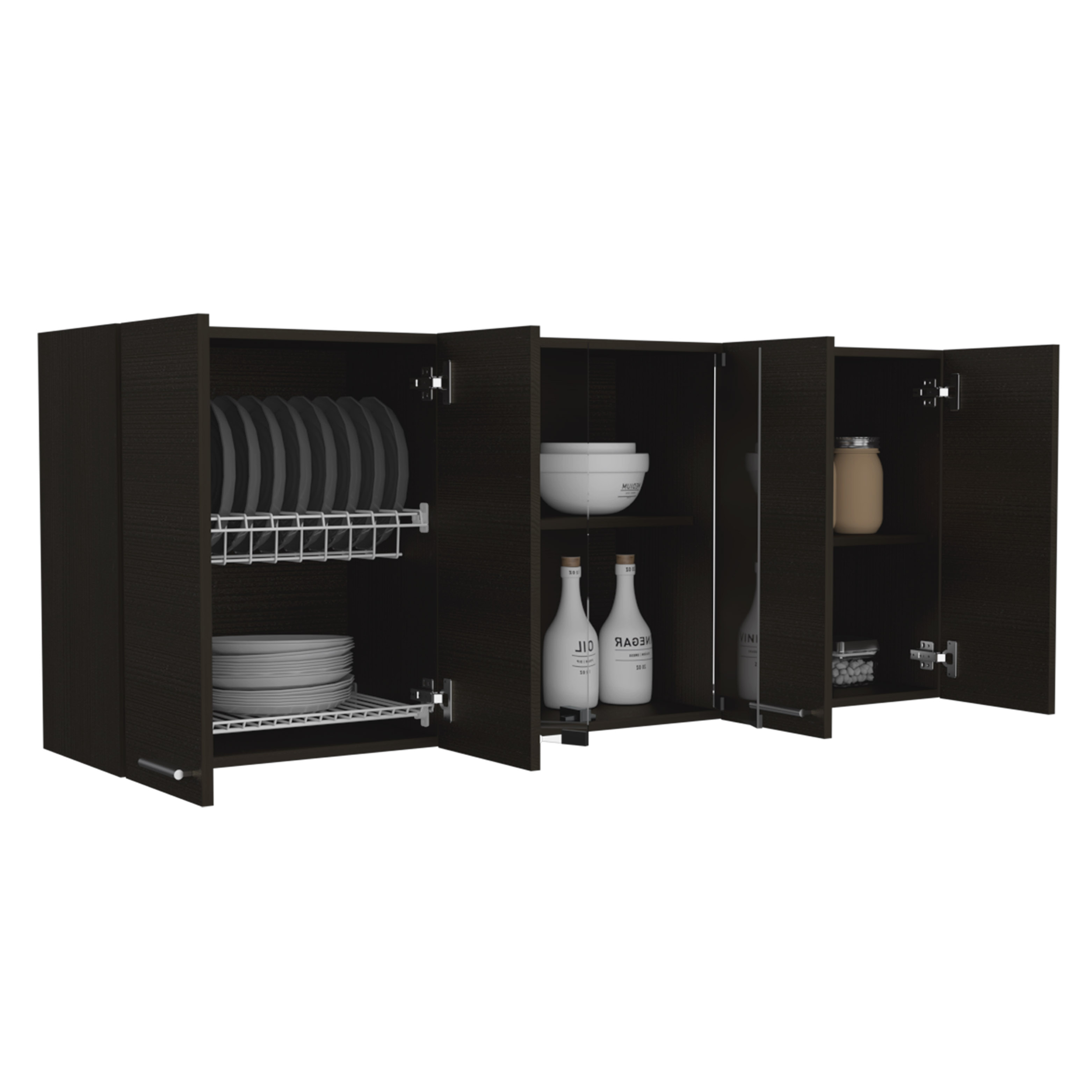 Wall Cabinet 24" H, four Doors, with two internal Shelves and internal plate and glass organizer, two Storage Shelves with two glass Doors, Black