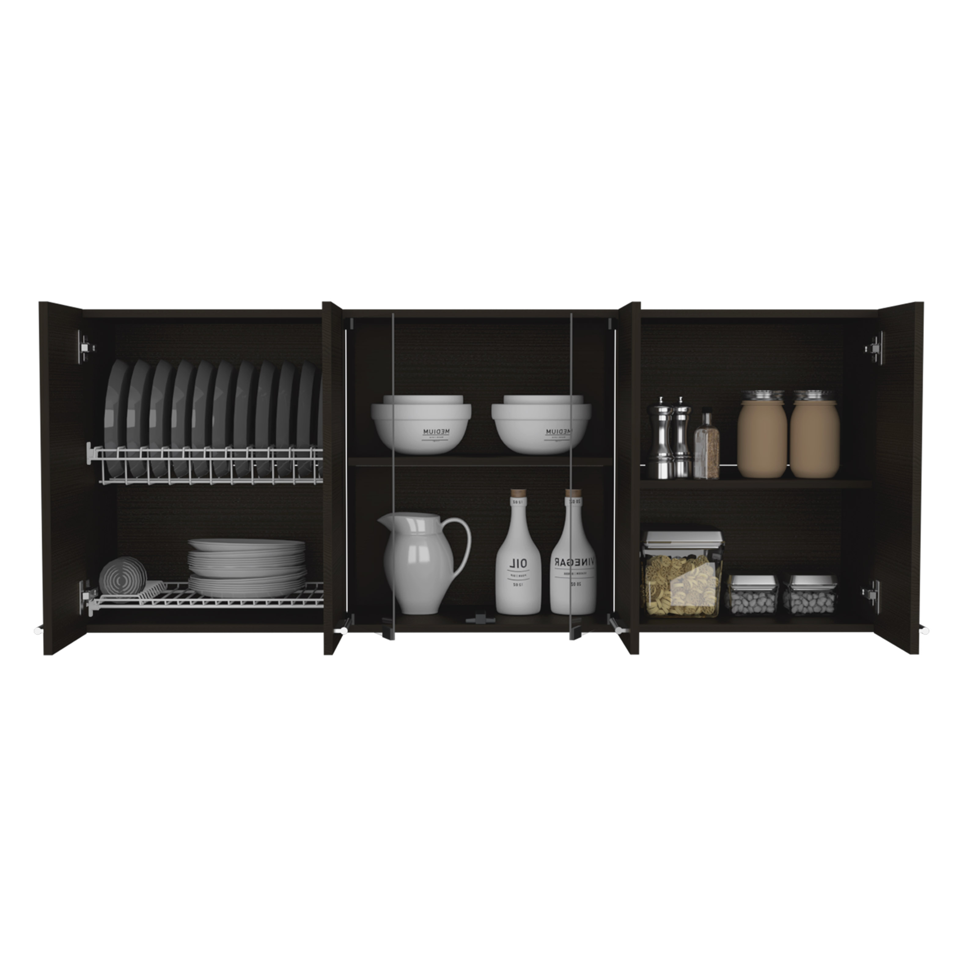 Wall Cabinet 24" H, four Doors, with two internal Shelves and internal plate and glass organizer, two Storage Shelves with two glass Doors, Black