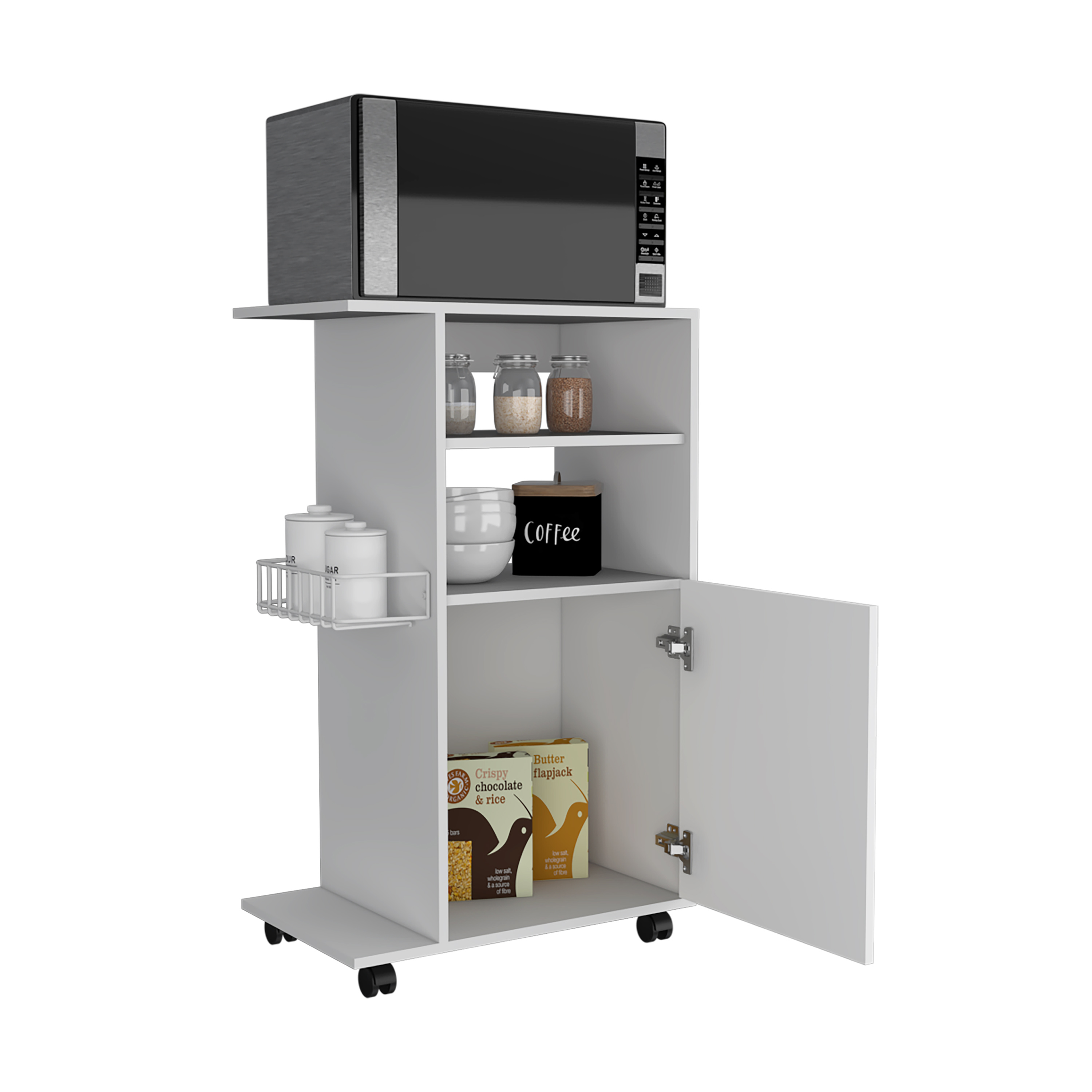 Modern Kitchen Cart 39" H, Single Door Cabinet, Four Wheels, One Side Shelf, White