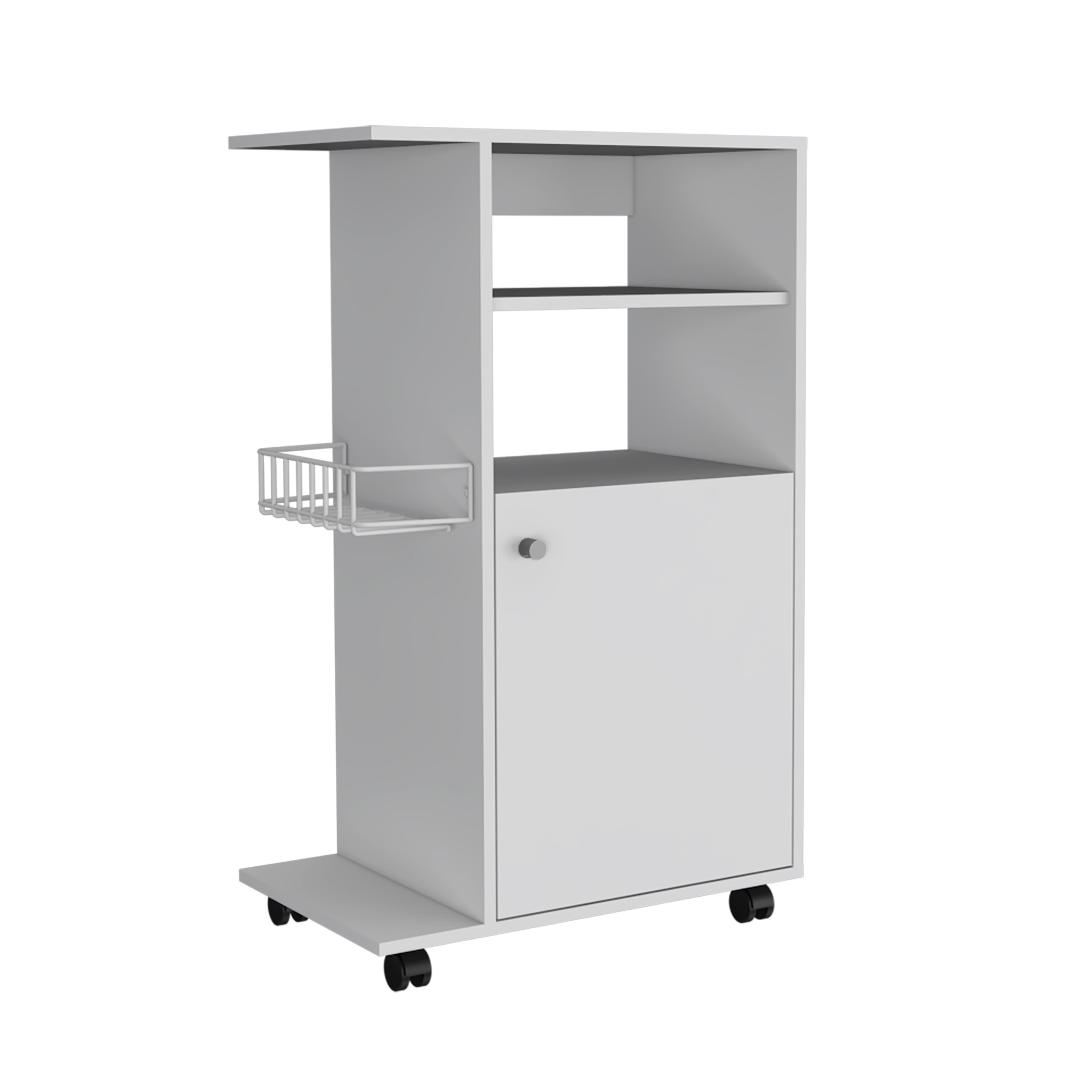 Modern Kitchen Cart 39" H, Single Door Cabinet, Four Wheels, One Side Shelf, White