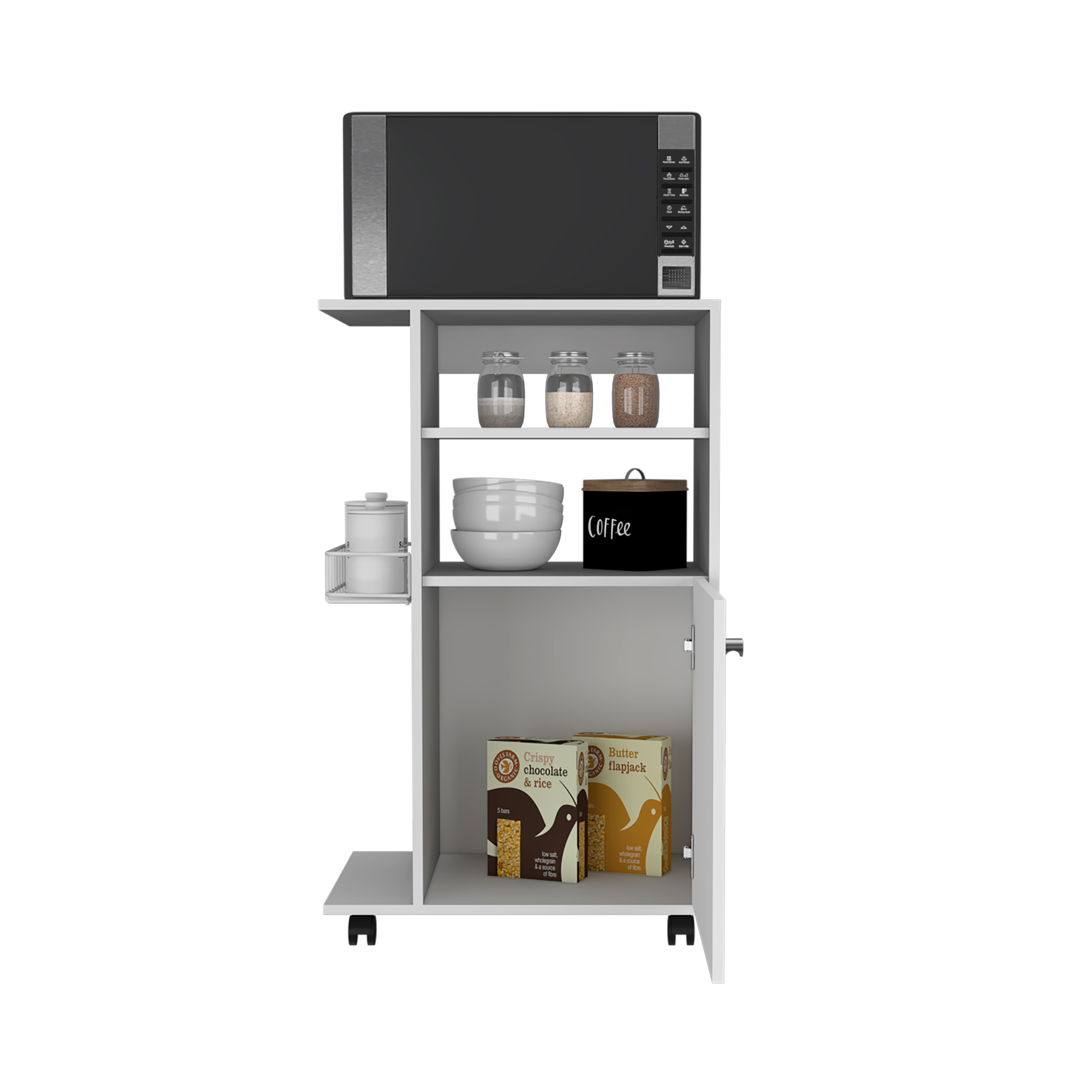 Modern Kitchen Cart 39" H, Single Door Cabinet, Four Wheels, One Side Shelf, White