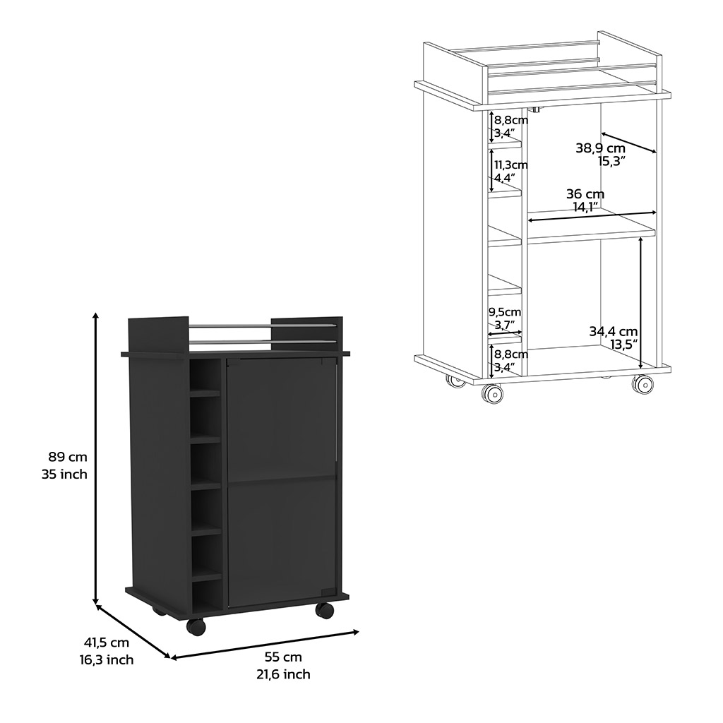 32" H black bar-coffee cart, Kitchen or living room cabinet storage with with 4 wheels, with 6 bottle racks, a central shelf covered by 1 glass door, 1 support surface with aluminum front.