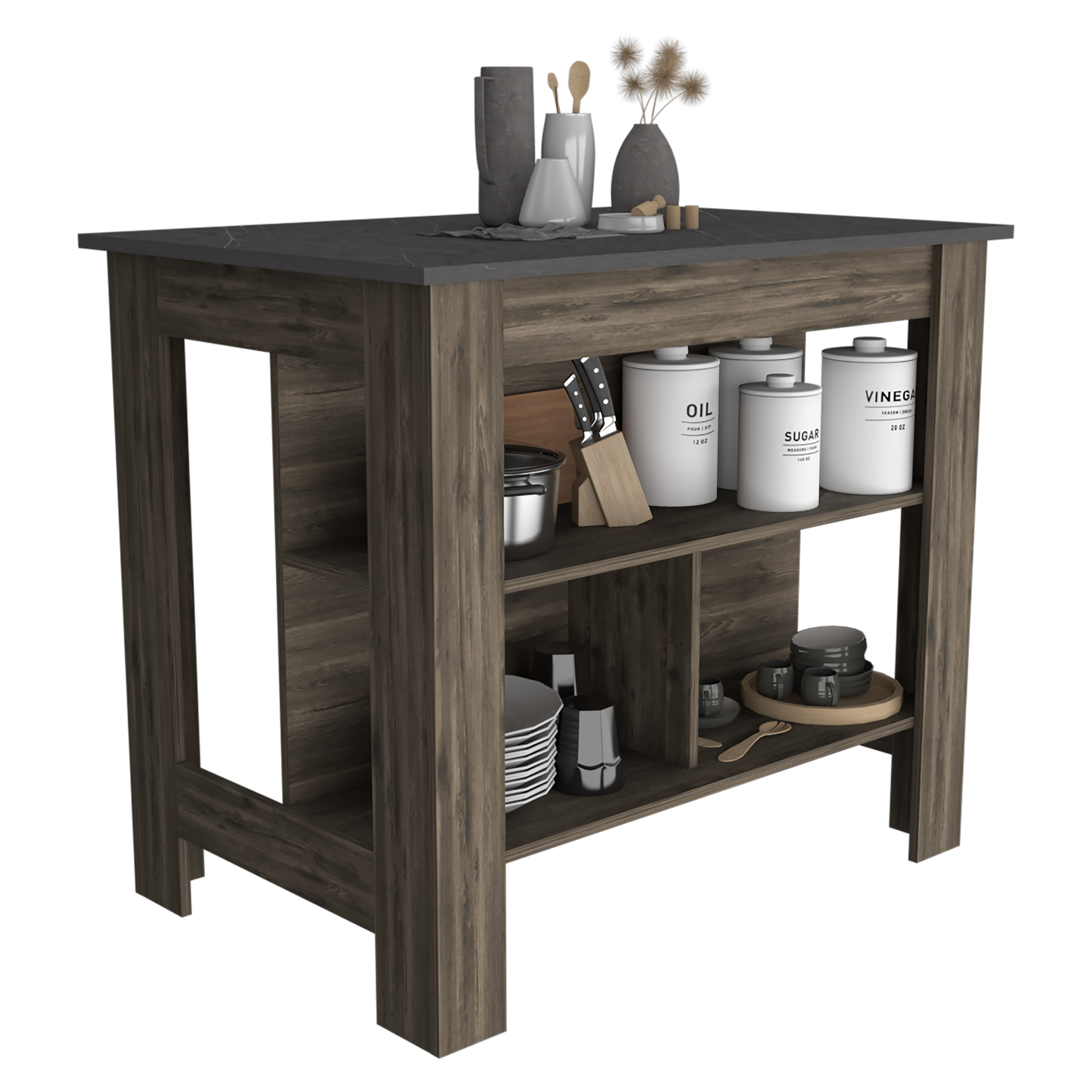 Kitchen Island, kitchen table 35" H, Four Legs, Three Open Storage Shelves, Dark Brown / Onix