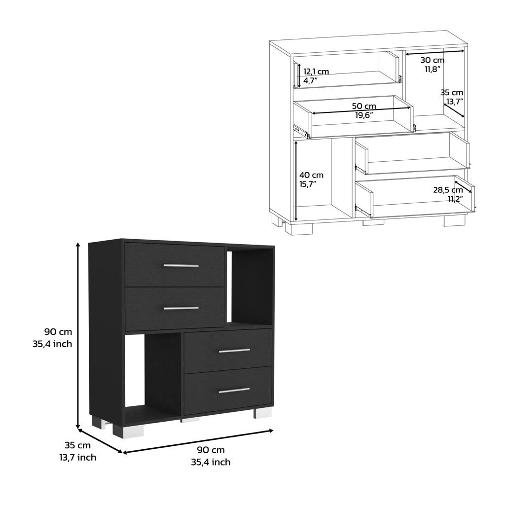 Dresser 35"H , Two Open Shelves, Four Drawers, Metal Handles, Black