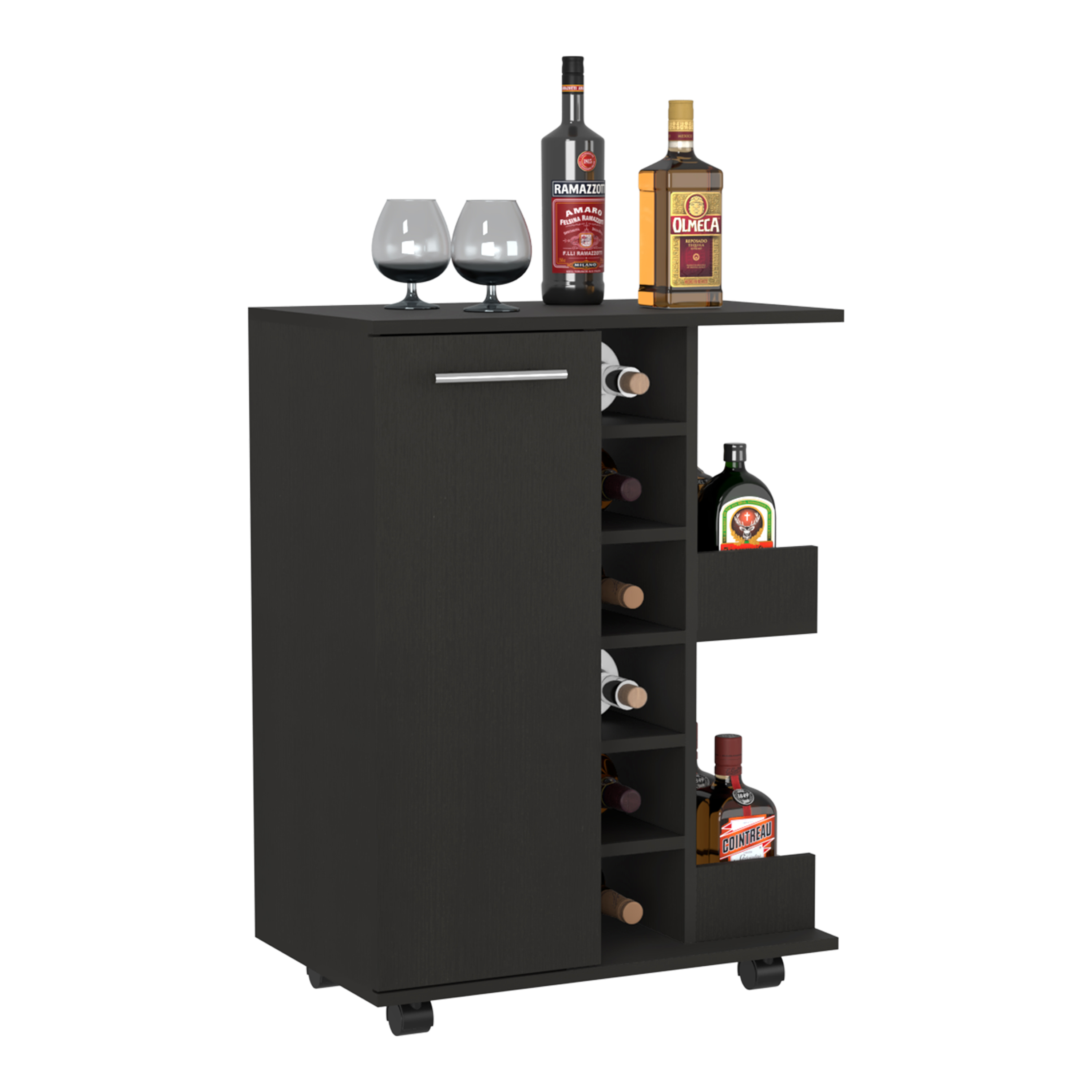 32" H black bar-coffee cart, cabinet storage, with 4 wheels, 1 divided storage with 1 shelf, 1 folding door, a central vertical division for 6 bottles and 2 side shelves with aluminum front