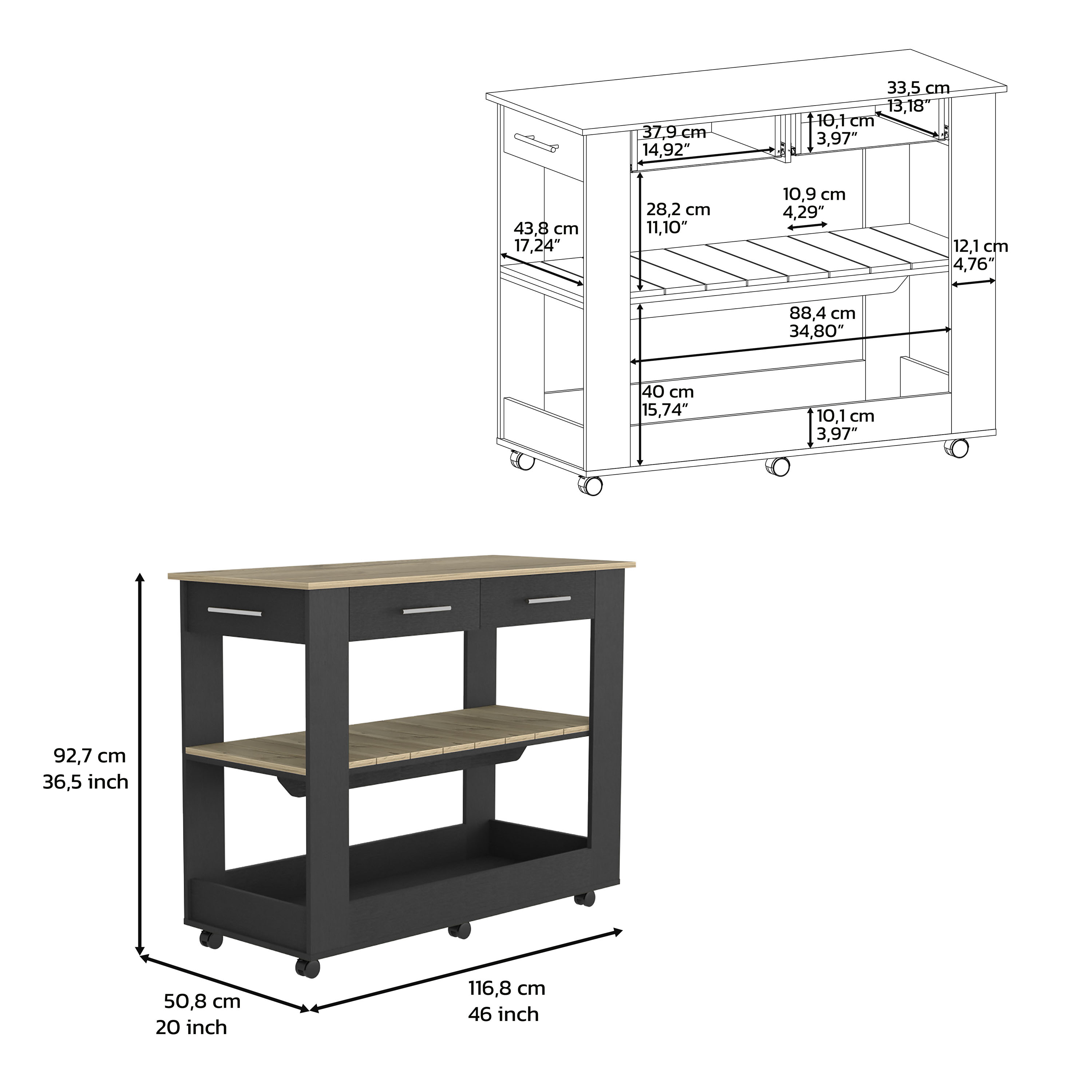 Kitchen Island 36" H, Six Casters, Two Drawers, Two Open Storage Shelves, Towel Hanger, Black / Light Oak