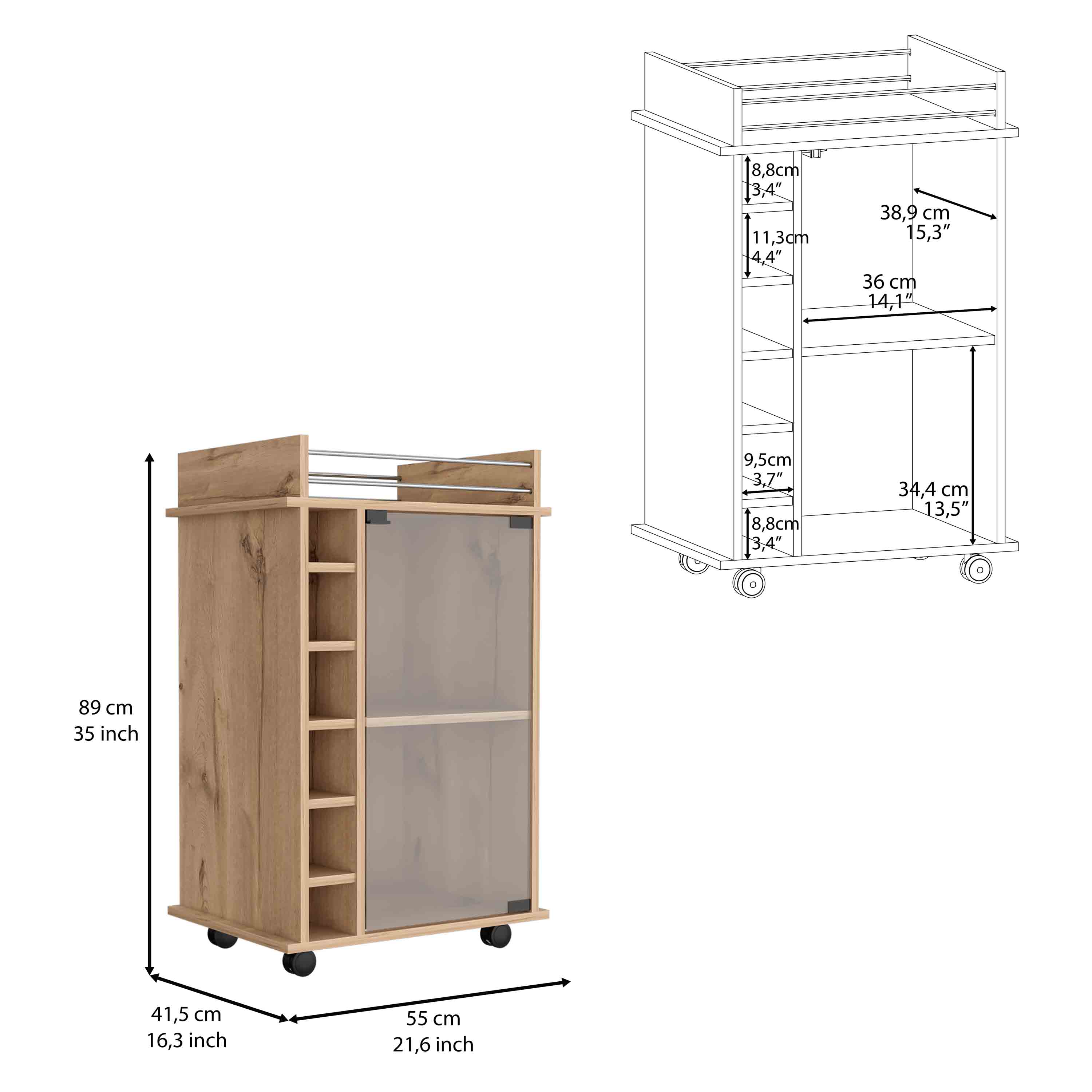 32" H light oak bar-coffee cart, Kitchen or living room cabinet storage with with 4 wheels, with 6 bottle racks, a central shelf covered by 1 glass door, 1 support surface with aluminum front.