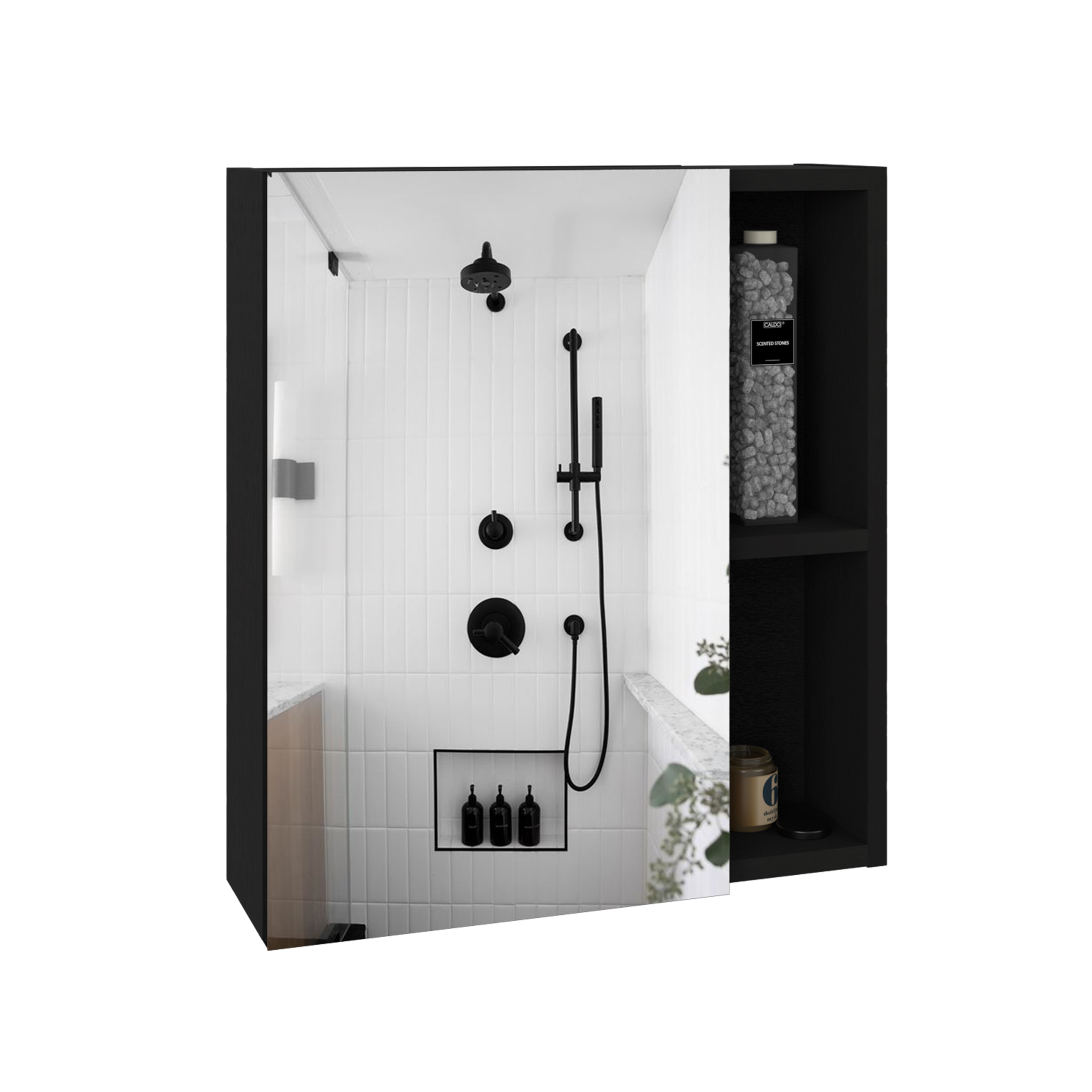 Medicine 19H" Single Door Cabinet With Mirror, Five Interior Shelves, Black