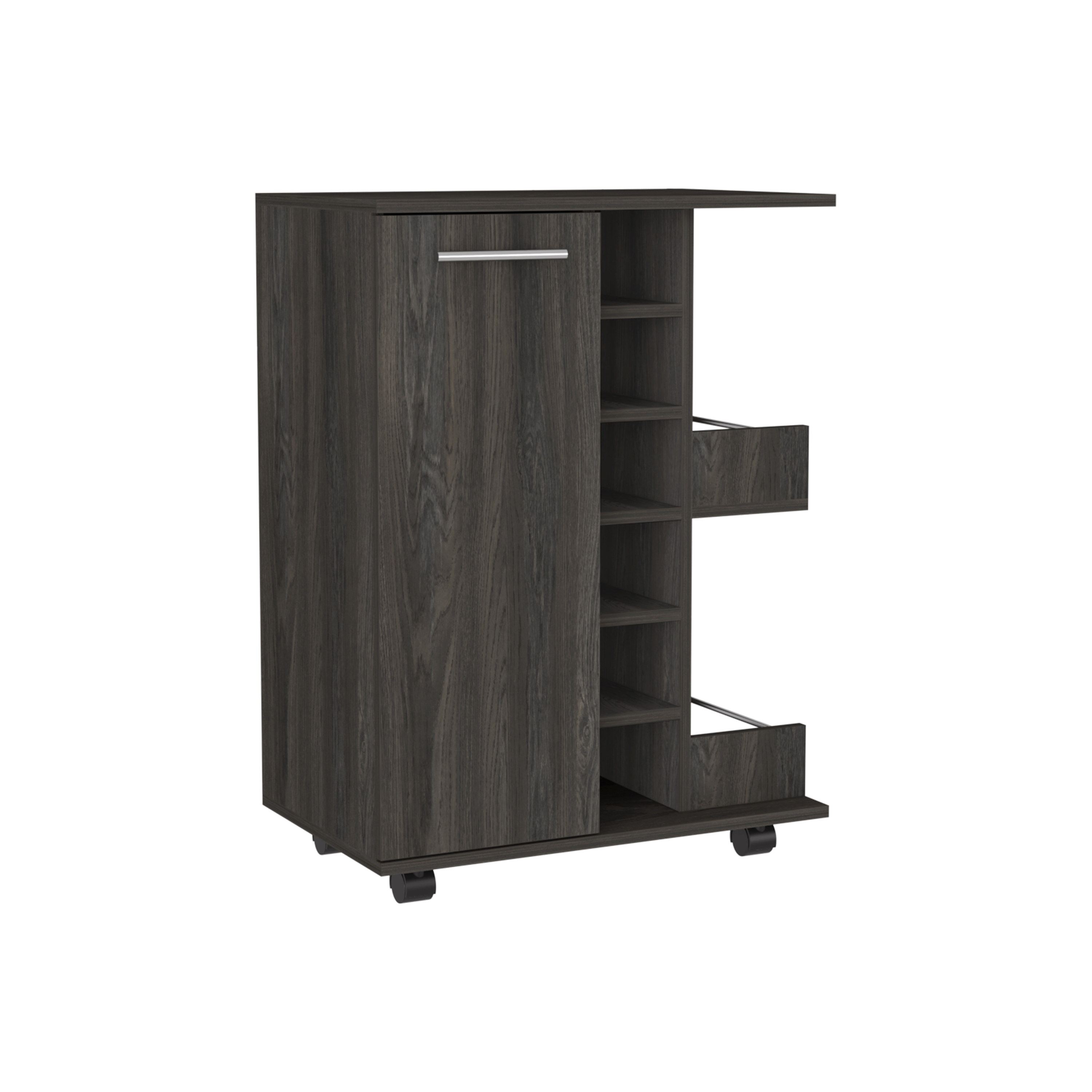 32" H carbon espresso bar-coffee cart, cabinet storage, with 4 wheels, 1 divided storage with 1 shelf, 1 folding door, a central vertical division for 6 bottles and 2 side shelves with aluminum front