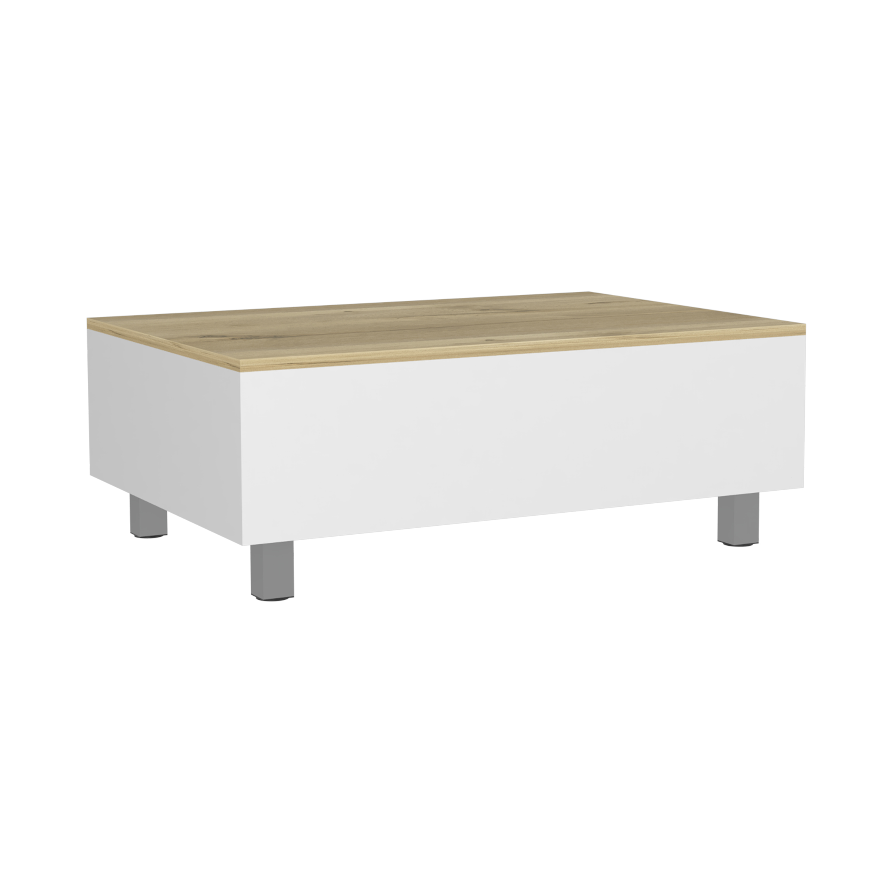 Table basse Aran avec plateau relevable, compartiment de rangement, blanc / chêne clair