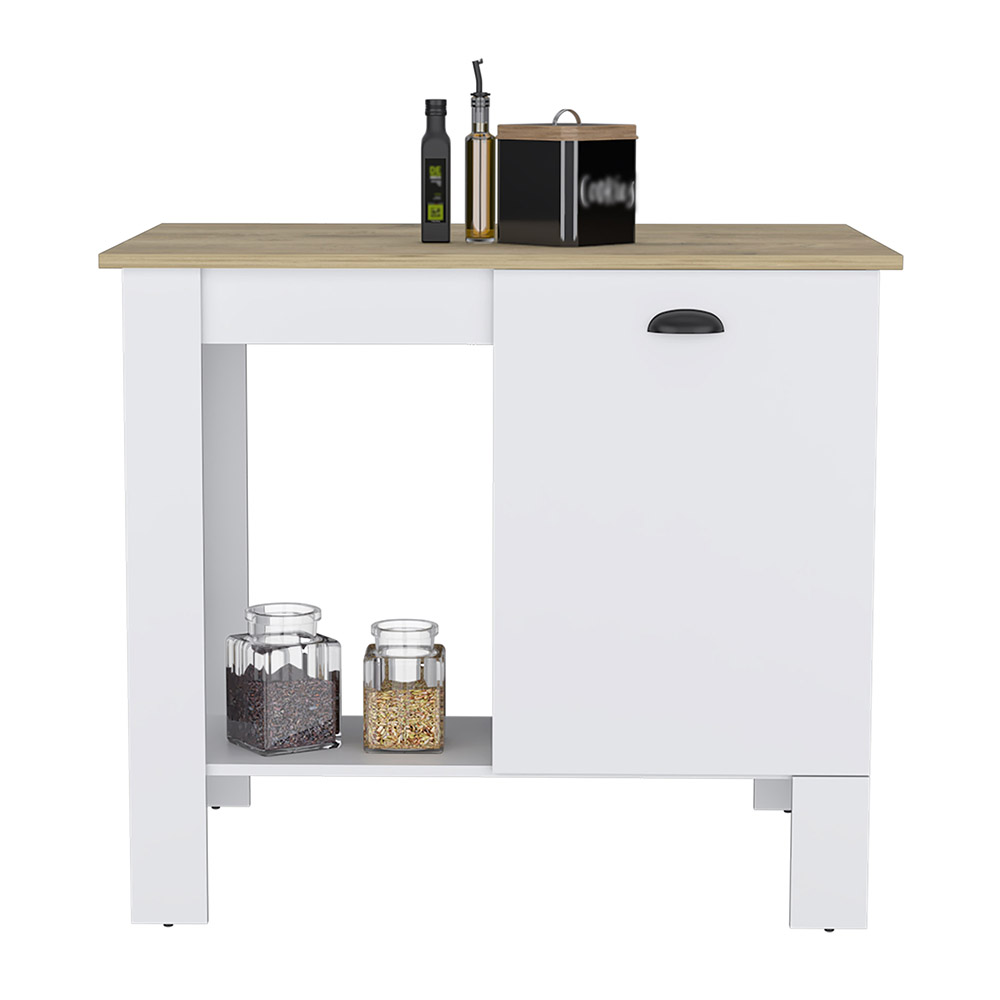 Kitchen Island 35" H, One Storage Cabinet with Door, Two Internal Shelves, One Open storage Shelf, White/Macadamia