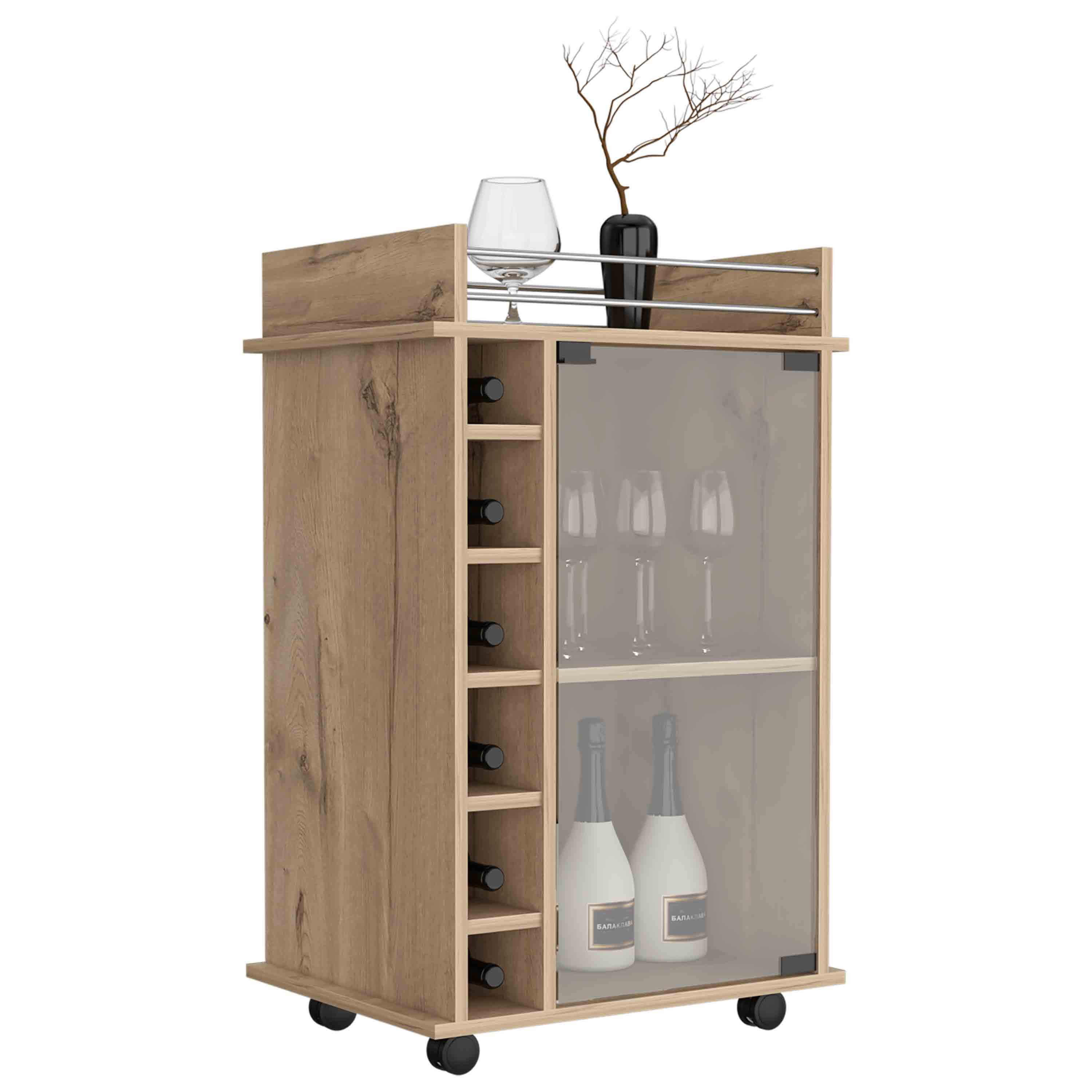 32" H light oak bar-coffee cart, Kitchen or living room cabinet storage with with 4 wheels, with 6 bottle racks, a central shelf covered by 1 glass door, 1 support surface with aluminum front.