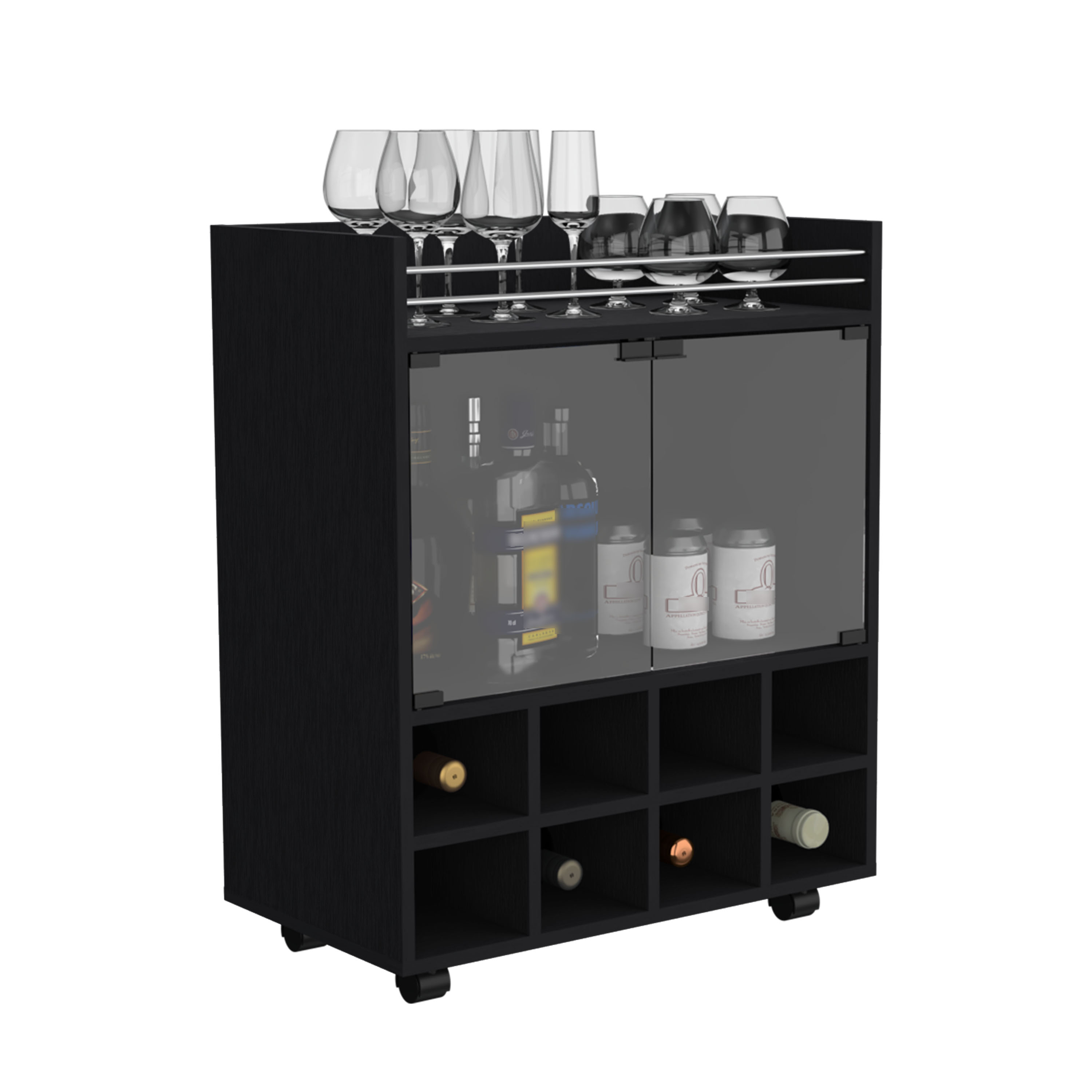 32" H black bar- coffee cart, Kitchen or living room cabinet storage with 4 wheels, with 8 bottle racks, a central shelf covered by 1 galss door, ideal for storing glasses and snacks