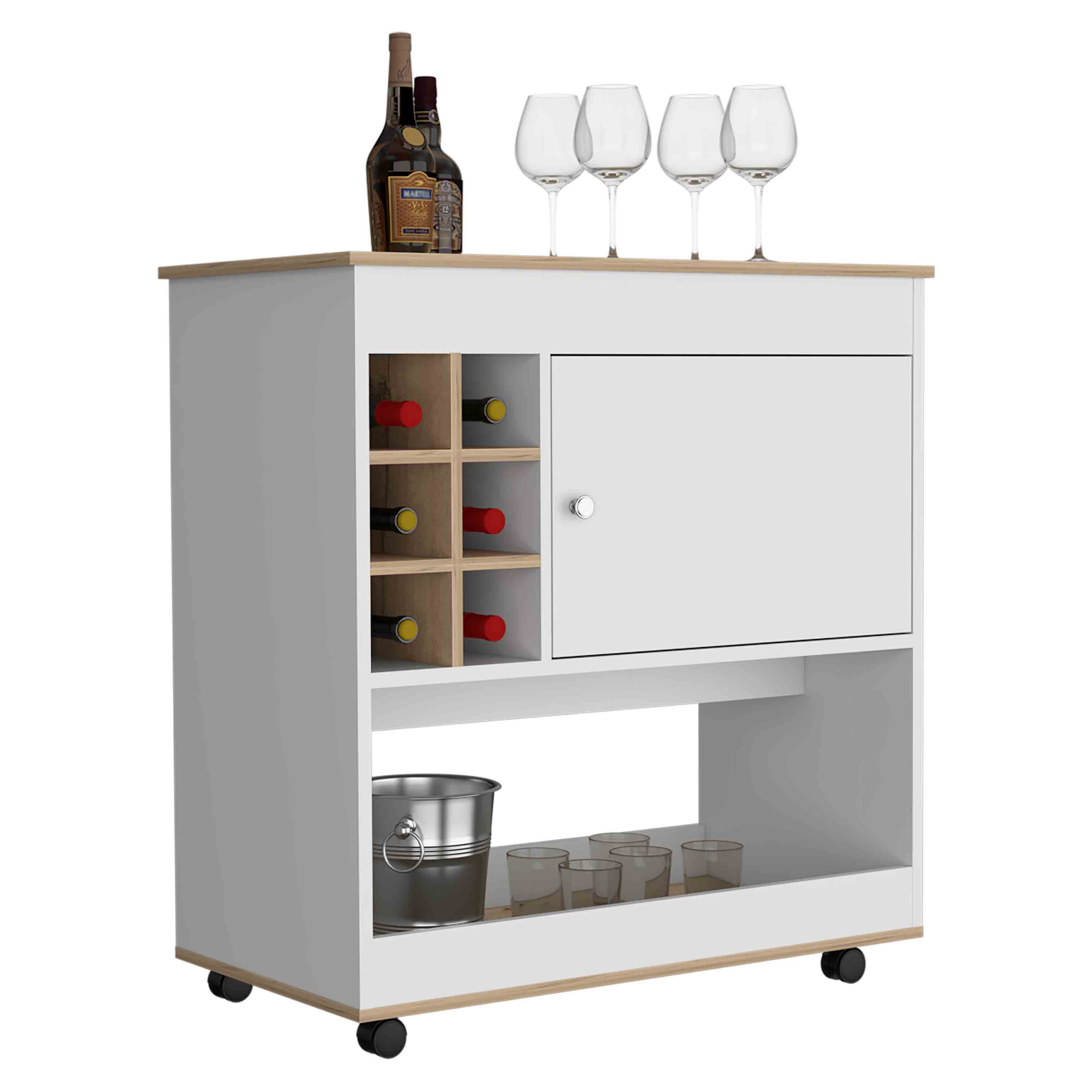 37" H light oak/white bar-coffee cart, kitchen or living room cabinet, with 4 wheels, central storage with 2 doors, division for 6 bottles and a shelf with a wooden front on the bottom.