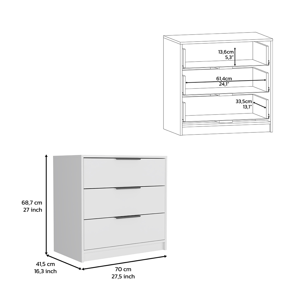 Dresser 27"H, 3 Drawers Dresser, Superior Top, White