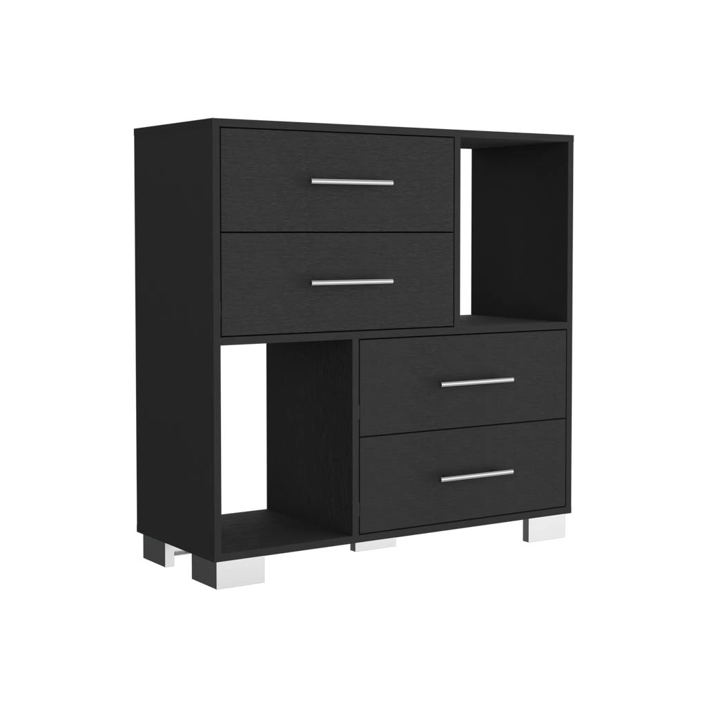 Dresser 35"H , Two Open Shelves, Four Drawers, Metal Handles, Black