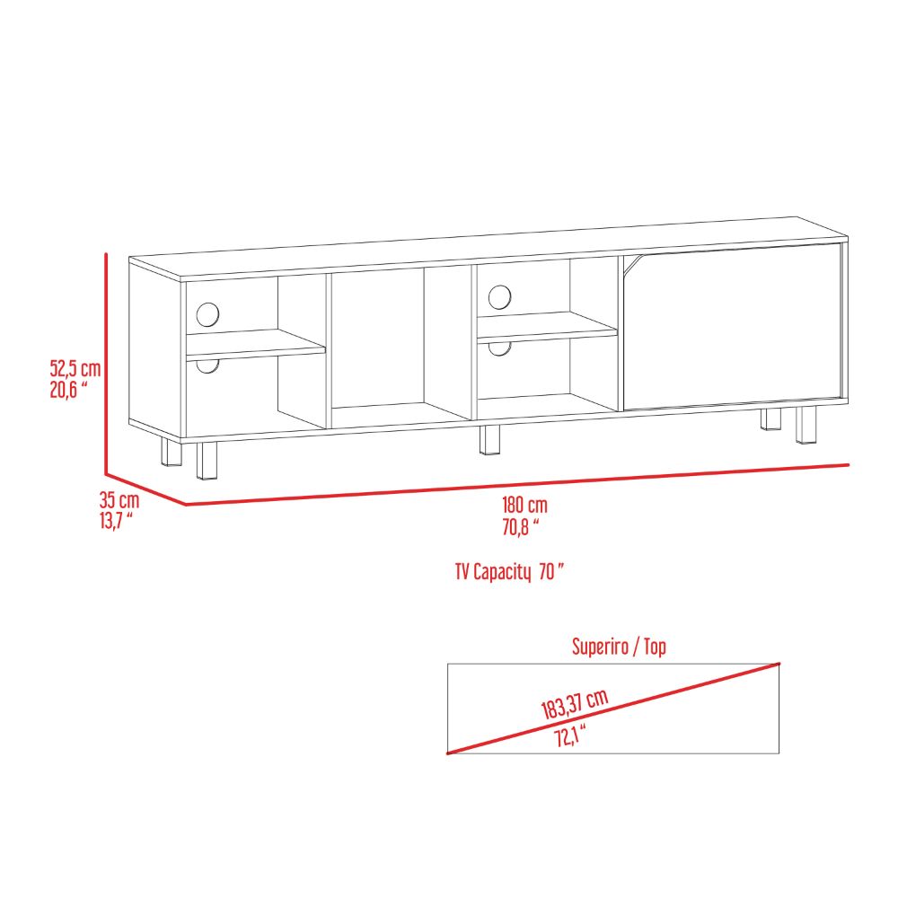 Conquest Tv Stand لتلفزيون بحجم 70", أربعة أرفف مفتوحة، خمسة أرجل، أبيض