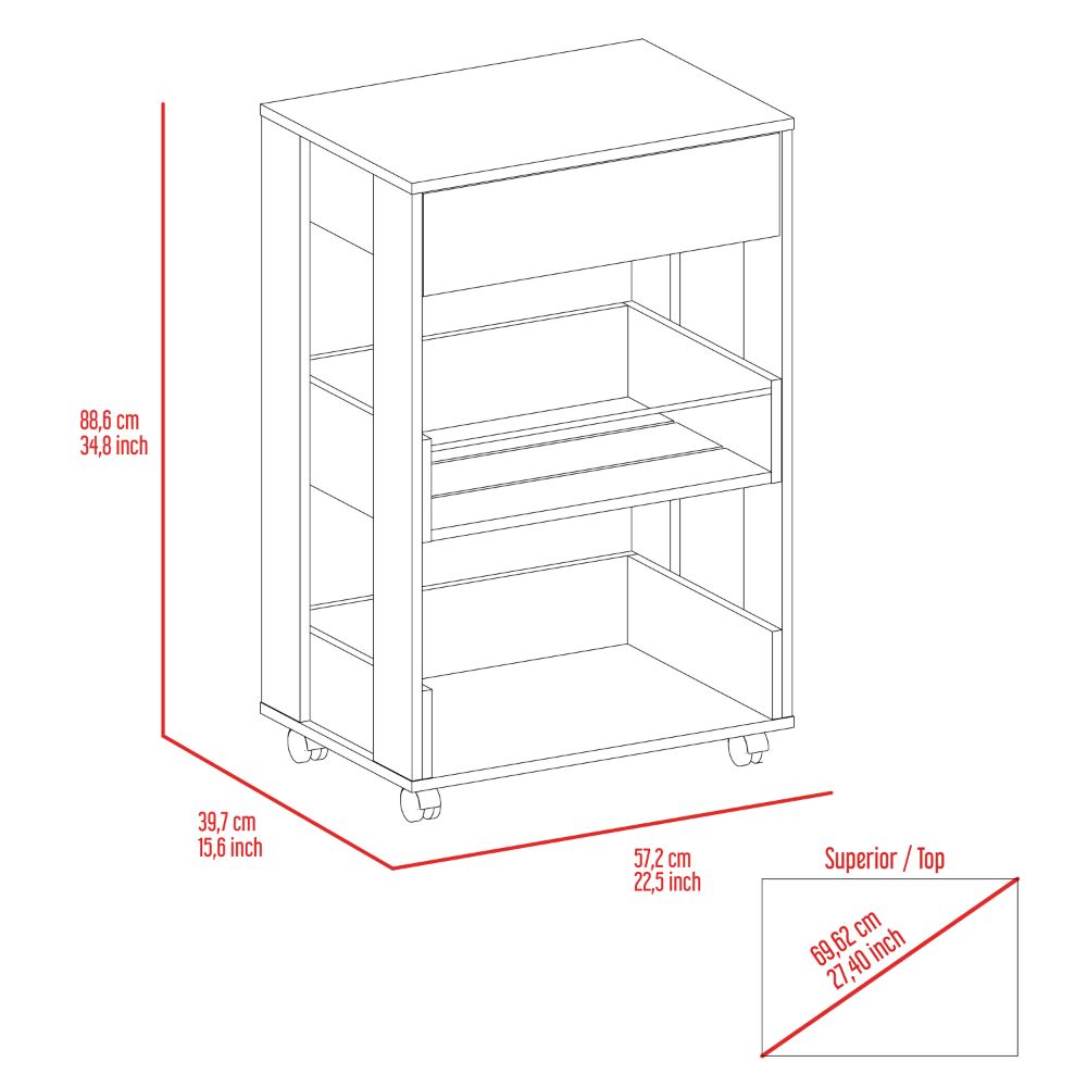 Modern Kitchen Cart 35" H, Four Casters, Three Shelves, White / Dark Walnut