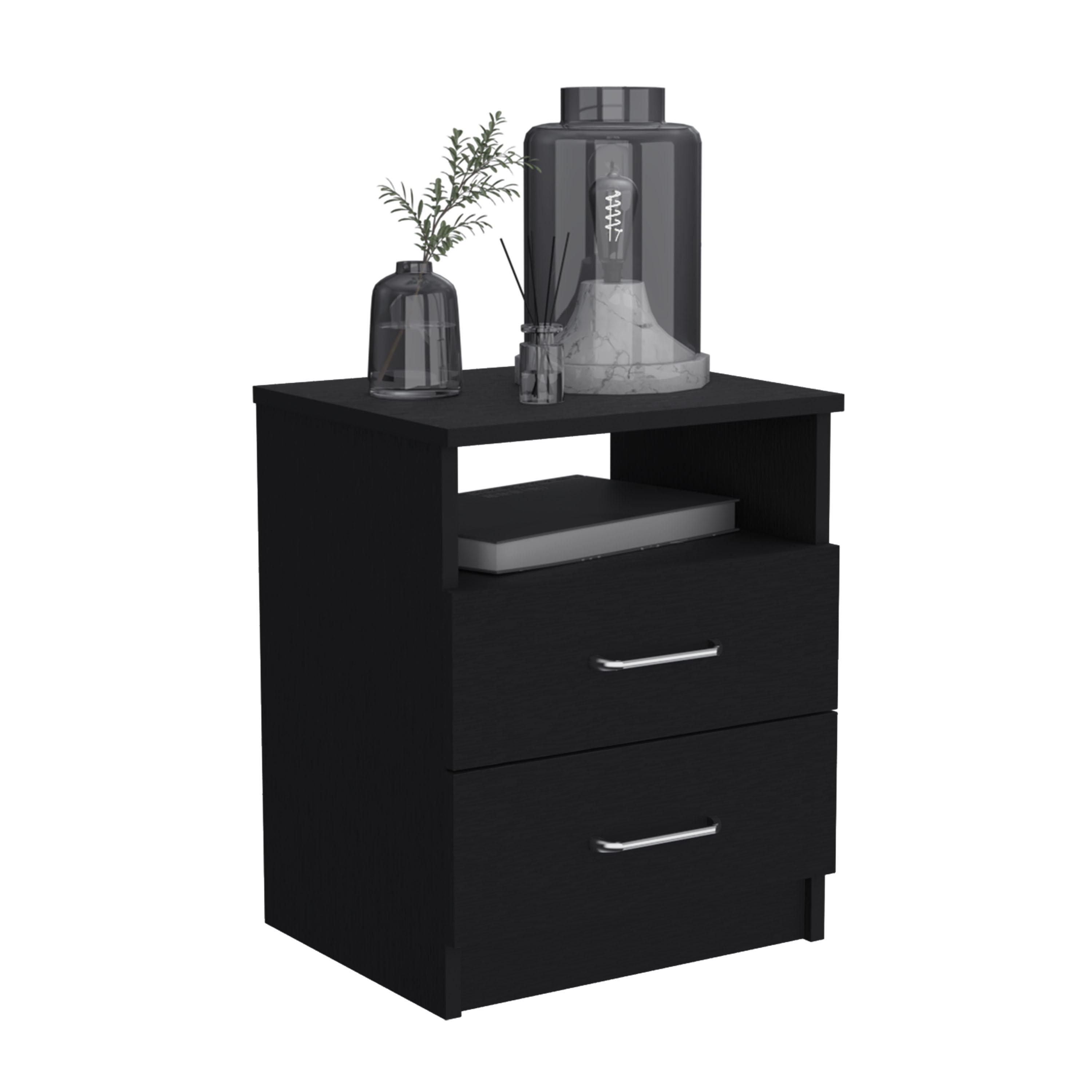 Nightstand 20"H, Two Drawers, One Shelf, Superior Top, Black