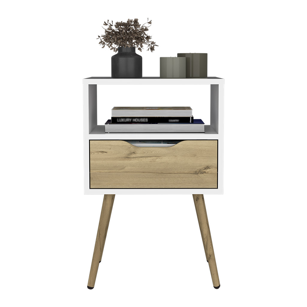 Nightstand 25"H, Superior Top, Four Legs, One Open Shelf, One Drawer, White / Light Oak