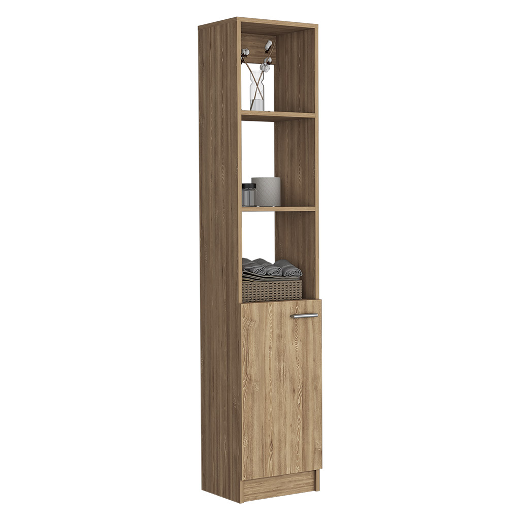 64H" Linen Single Door Cabinet, Three External Shelves, Two Interior Shelves and Metal handle, Pine