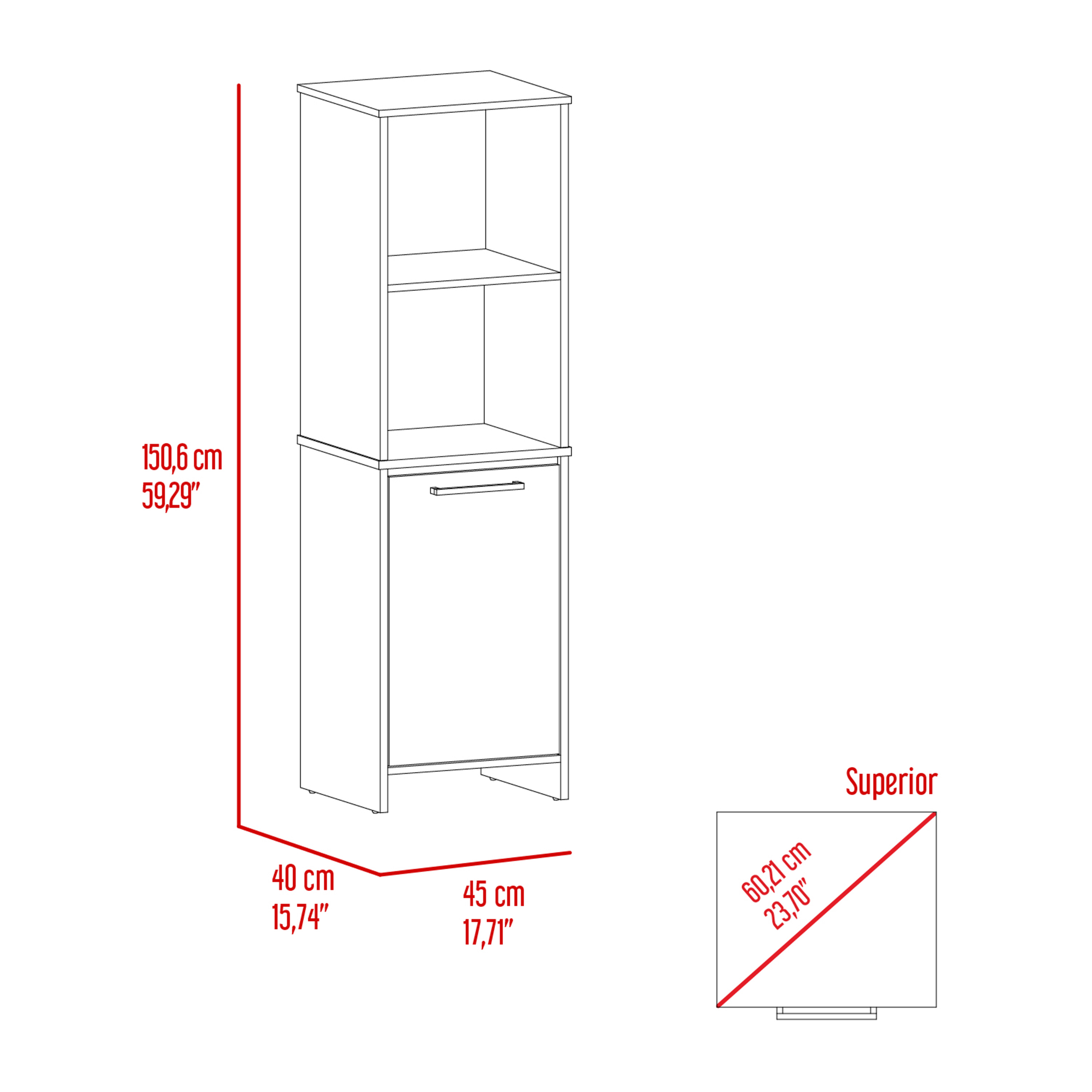 Kitchen Pantry 59" H, Two Open Storage Shelves, Single Door Cabinet, Two Interior Shelves, White