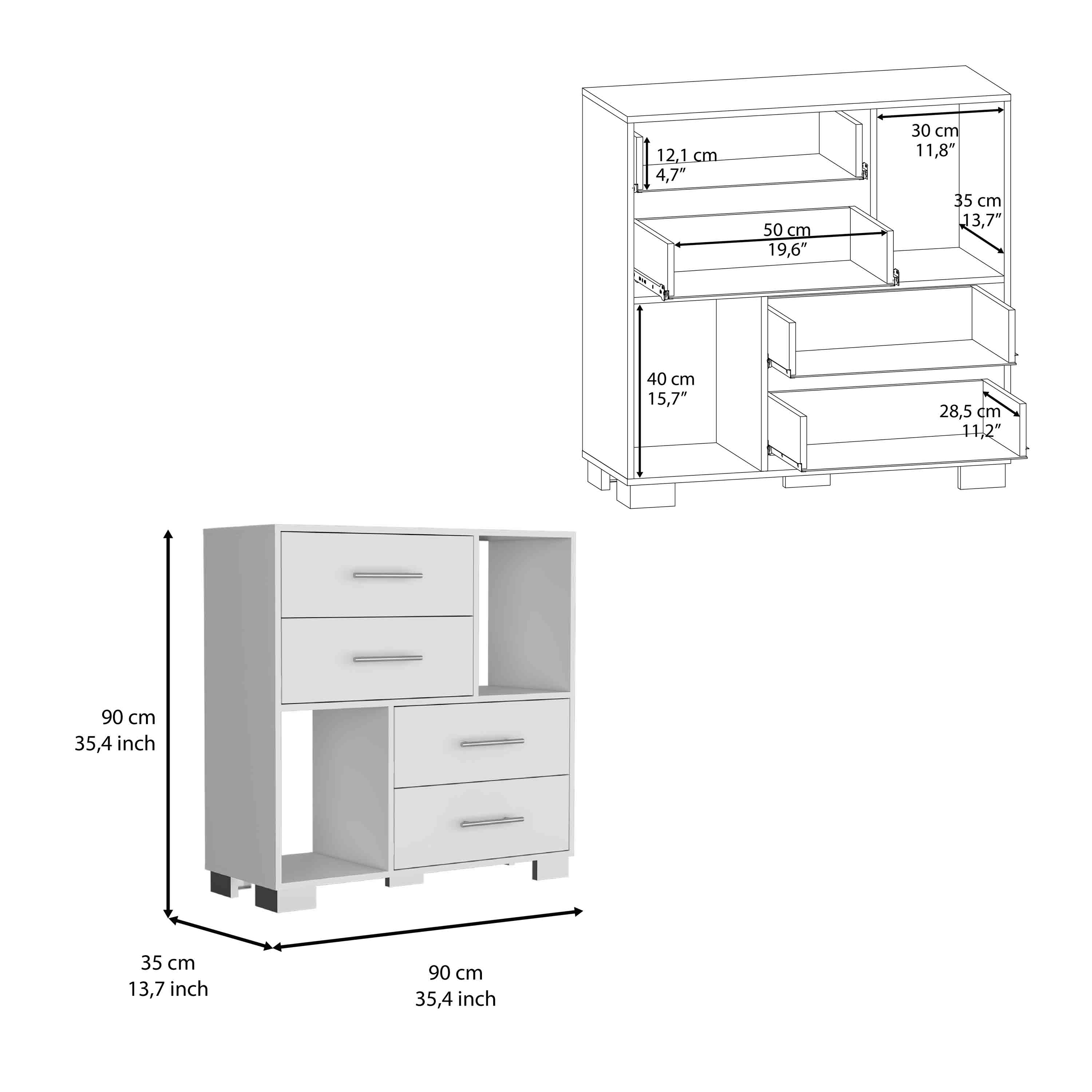 Dresser 35"H , Two Open Shelves, Four Drawers, Metal Handles, White