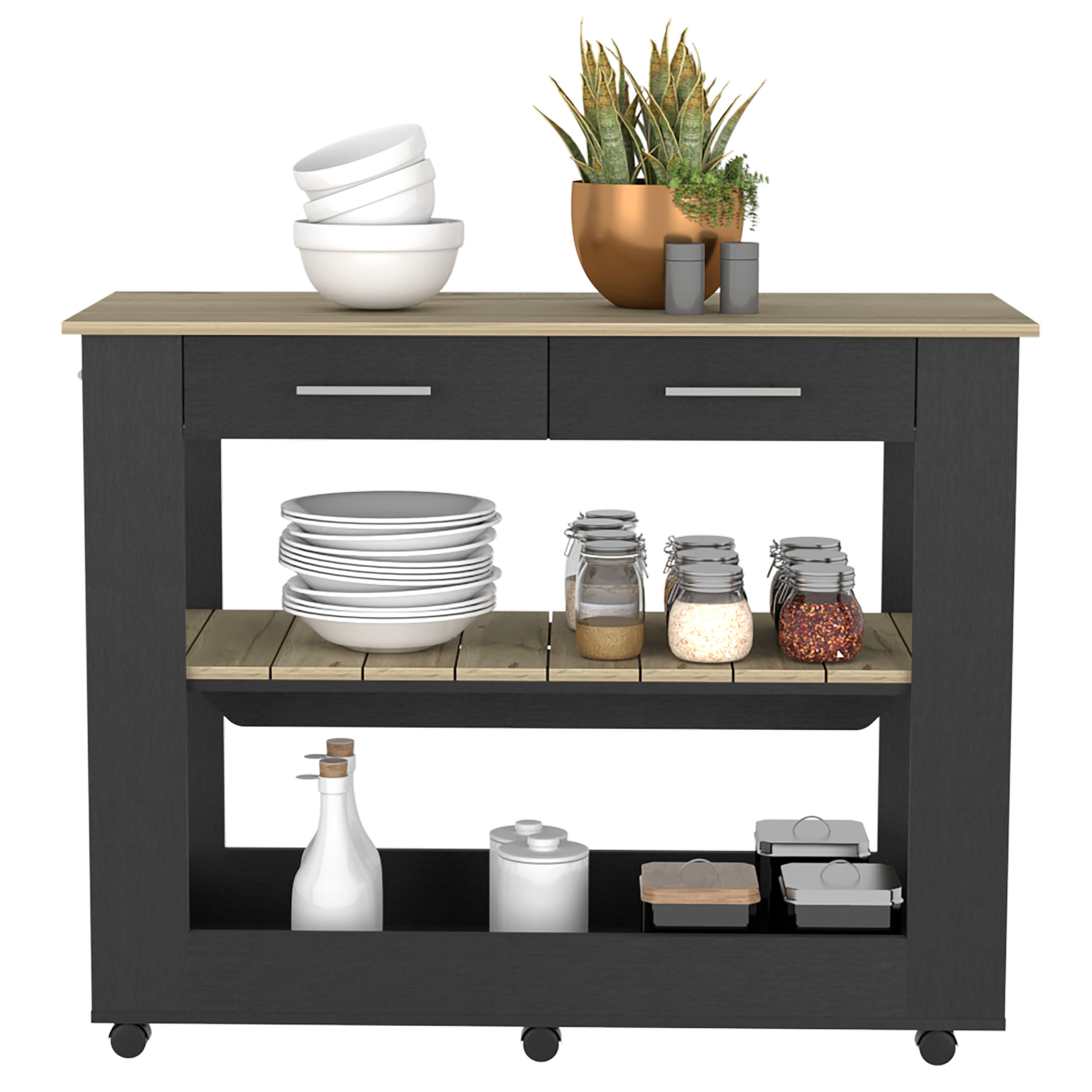 Kitchen Island 36" H, Six Casters, Two Drawers, Two Open Storage Shelves, Towel Hanger, Black / Light Oak