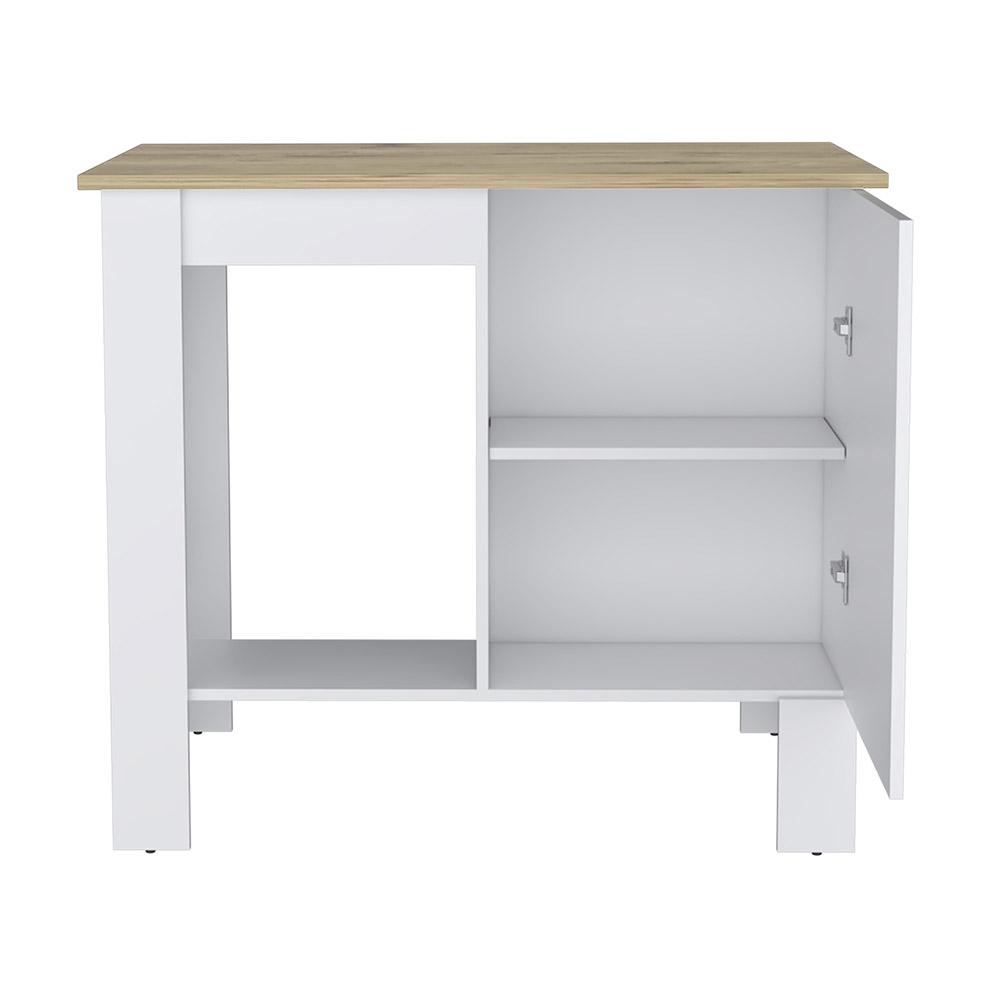 Isla de cocina 35" H, Un gabinete de almacenamiento con puerta, Dos estantes internos, Un estante de almacenamiento abierto, Blanco/Macadamia