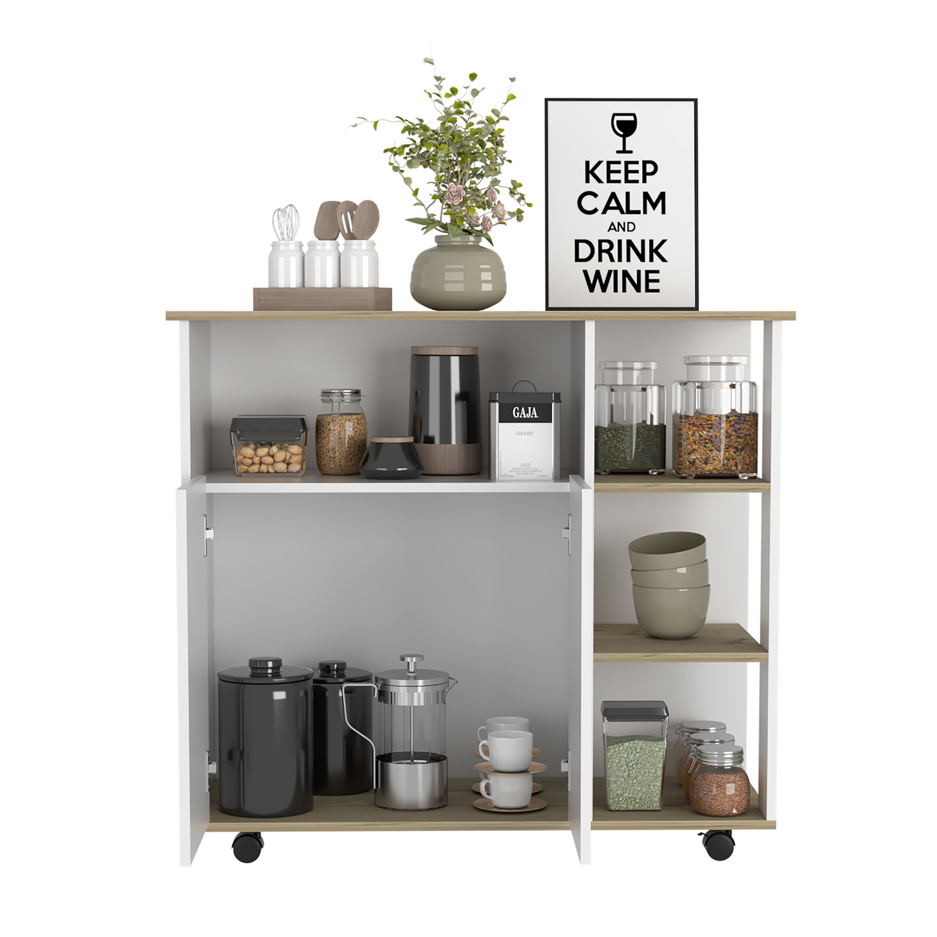 Kitchen Cart 35" H, Four Open Shelves, Double Door Cabinet, Four Casters - Light Oak/White