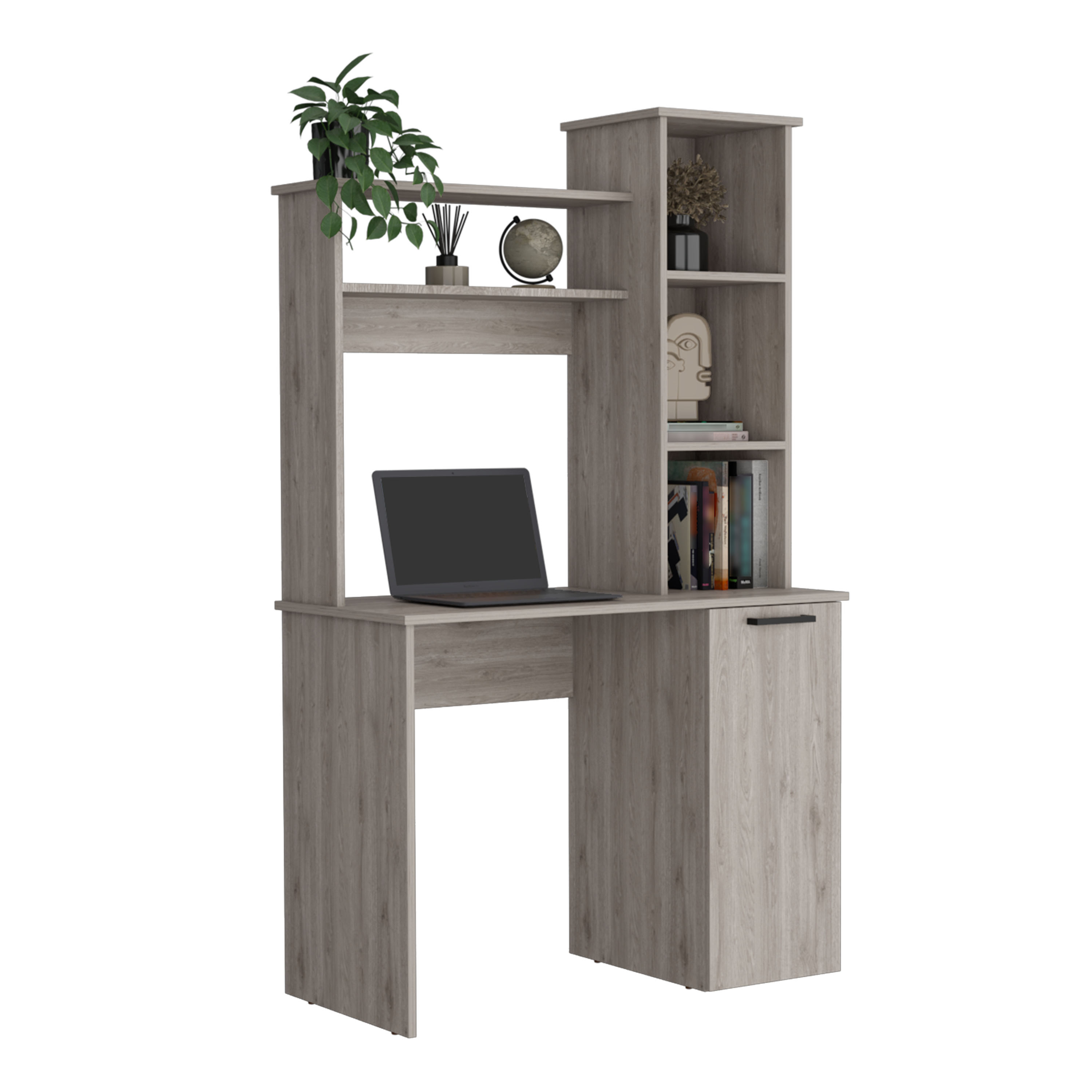 Muncy Computer Desk with Ample Work Surface, Hutch Storage and Single Door Cabinet with 3-Tier Shelves, Light Gray