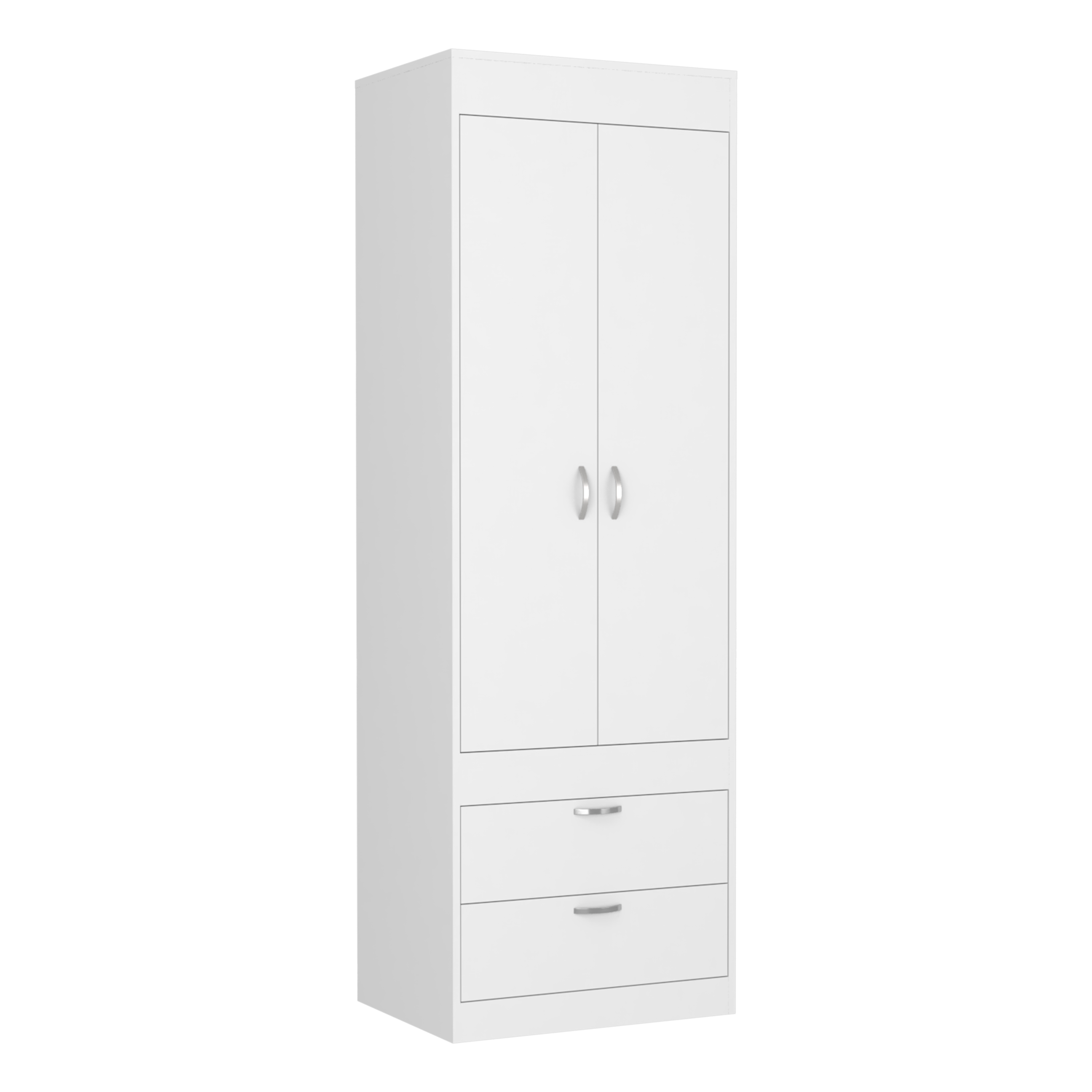 Armoire 70H", Double Porte Armoire, Deux Tiroirs, Poignées Métalliques, Tringle, Blanc