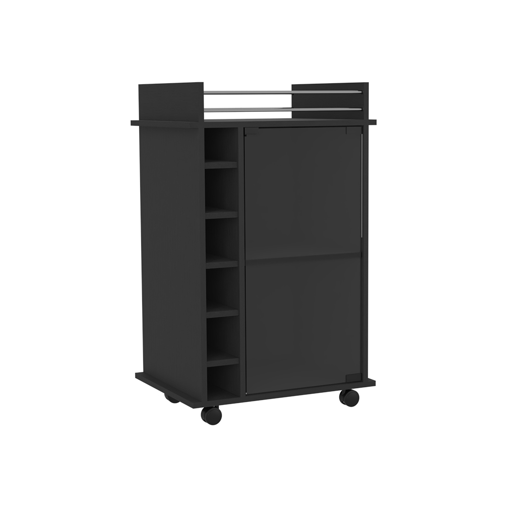 32" H black bar-coffee cart, Kitchen or living room cabinet storage with with 4 wheels, with 6 bottle racks, a central shelf covered by 1 glass door, 1 support surface with aluminum front.