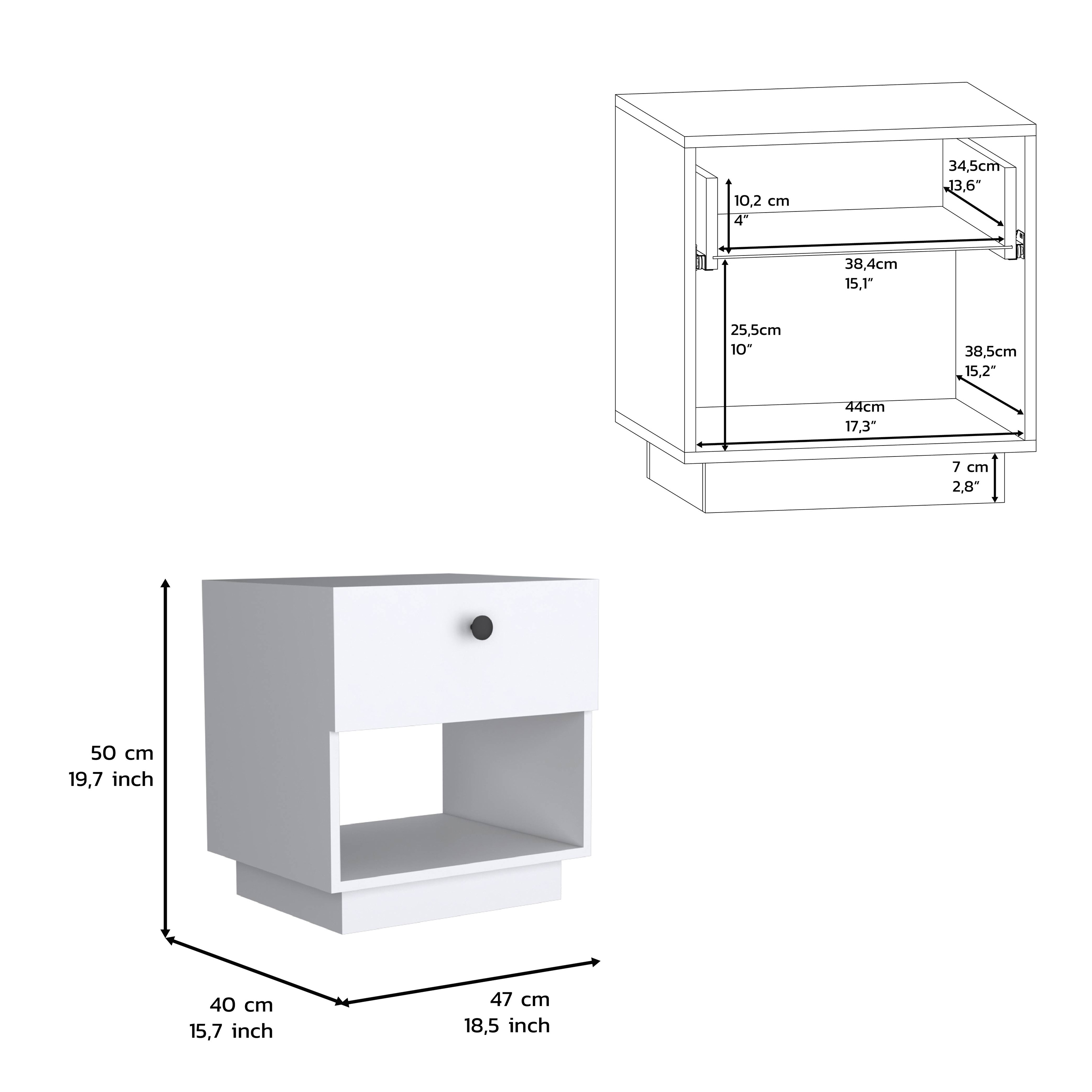 Single Drawer Nightstand 19"H with Open Storage Shelf, White