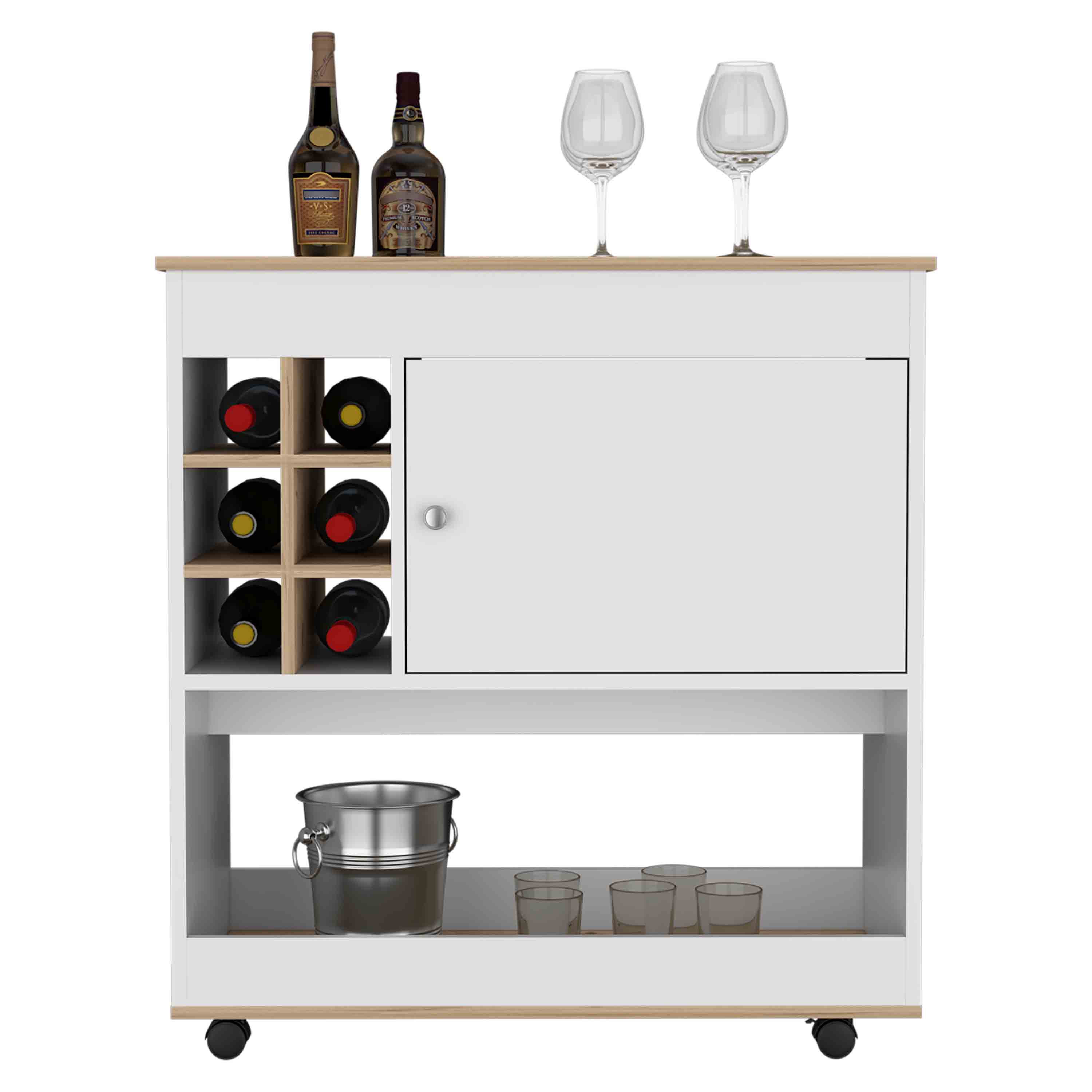 37" H light oak/white bar-coffee cart, kitchen or living room cabinet, with 4 wheels, central storage with 2 doors, division for 6 bottles and a shelf with a wooden front on the bottom.